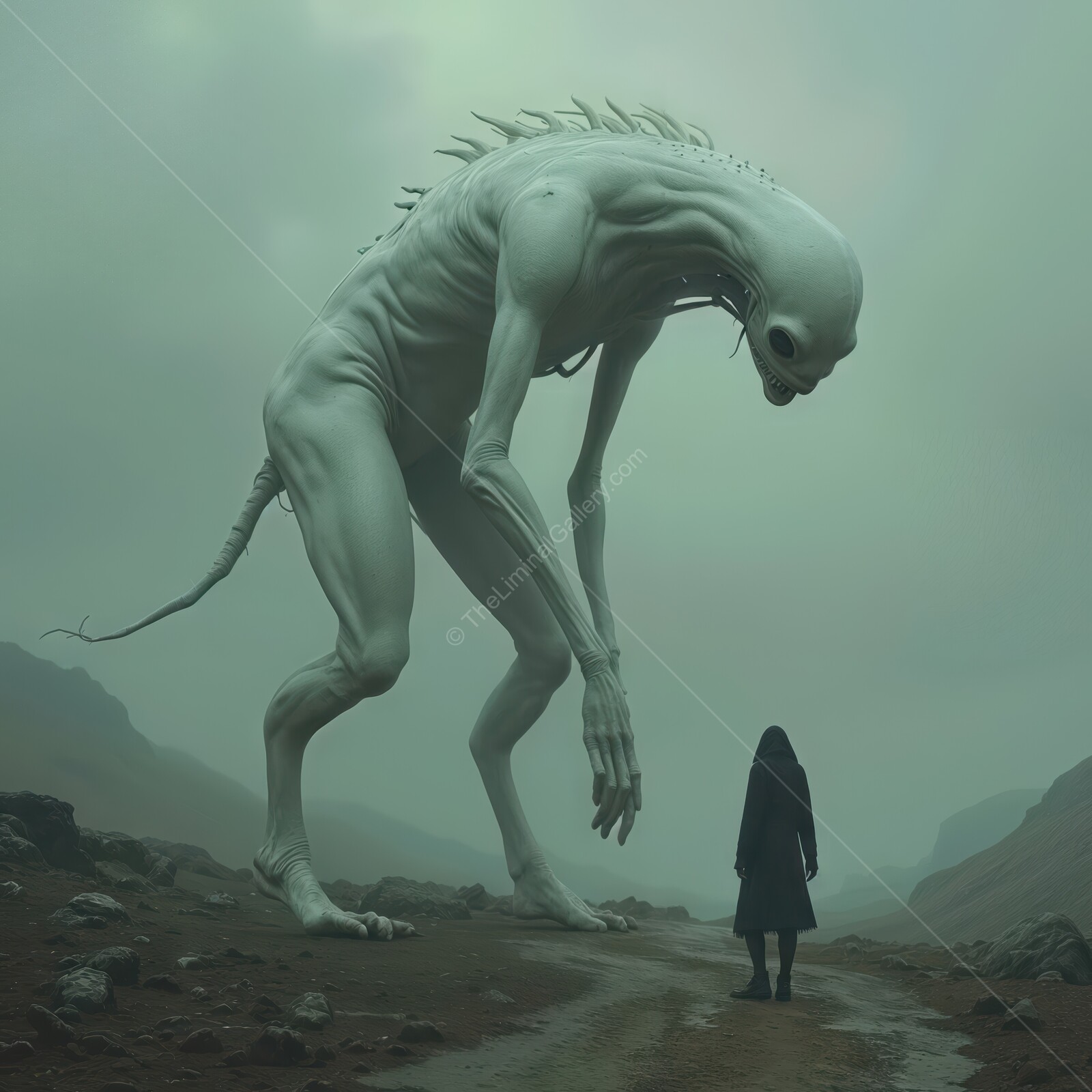 Eerie encounter with a towering creature in a fog-laden desolate landscape at twilight