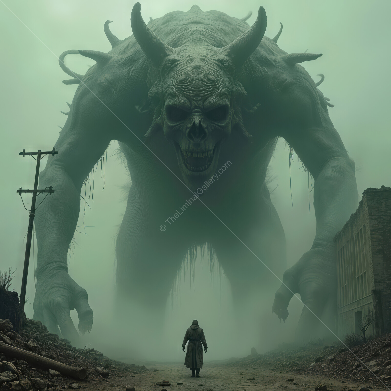 Eerie monster stands before towering monster in desolate landscape shrouded in fog and dread