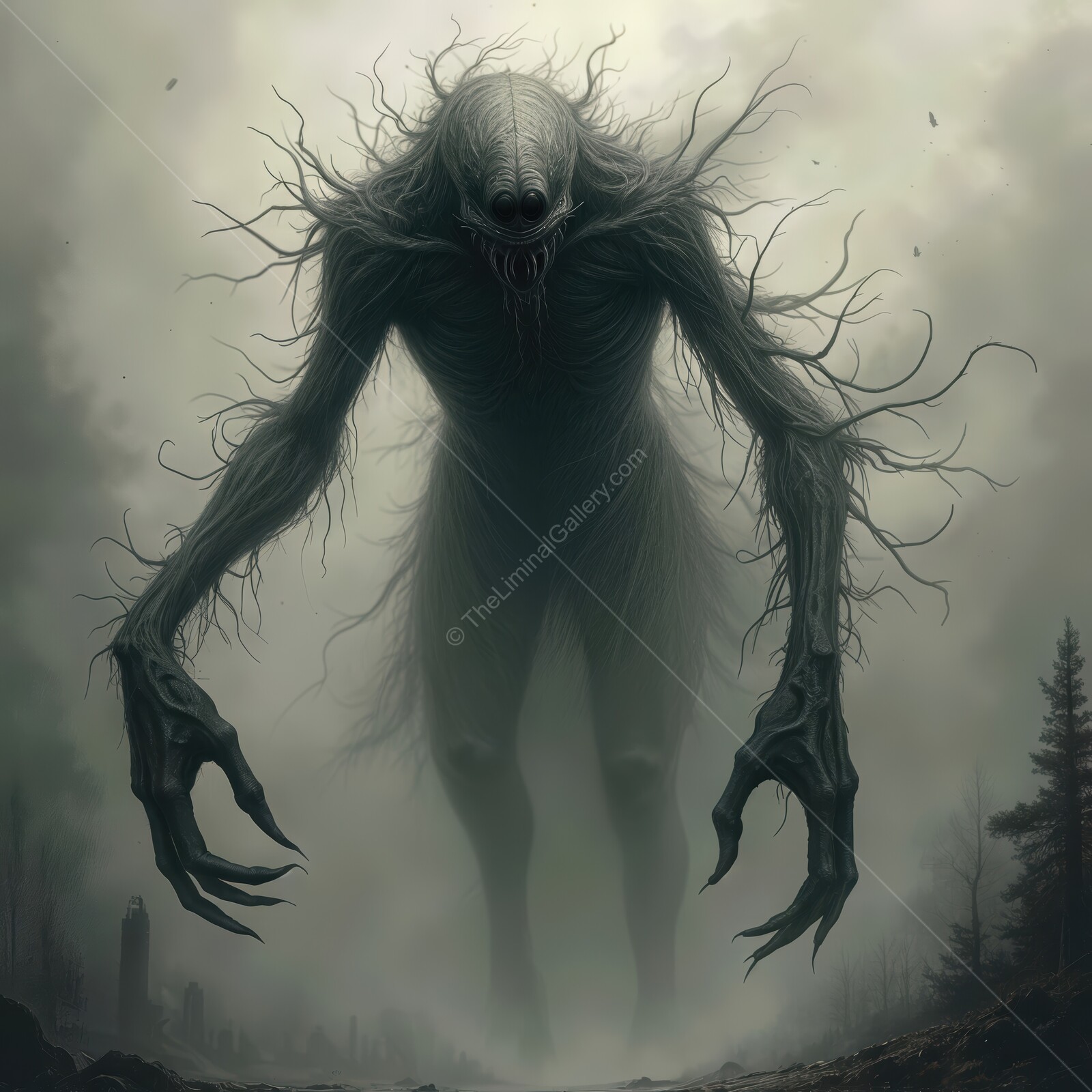 Eerie monster stalks through a fog-covered forest in liminal horror atmosphere