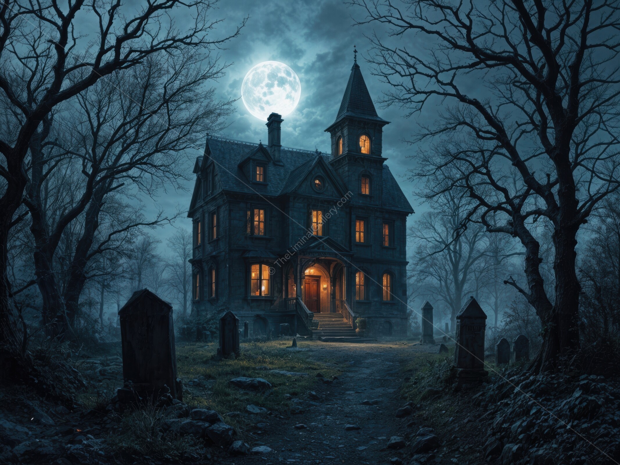 Eerie moonlight casts shadows as a haunted mansion looms in a desolate graveyard at midnight