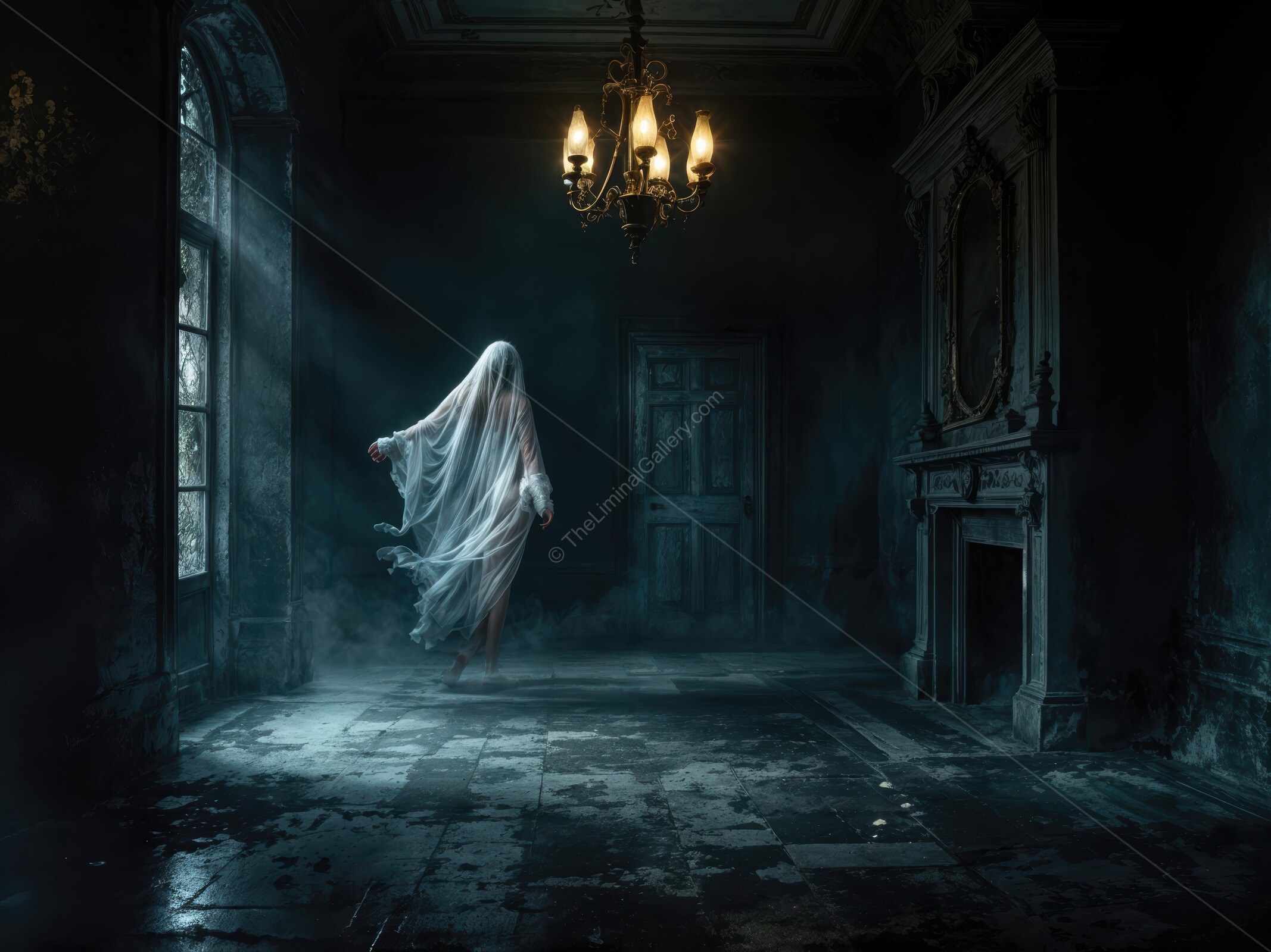 Eerie presence gliding through an abandoned mansion shrouded in mist and shadows at dusk