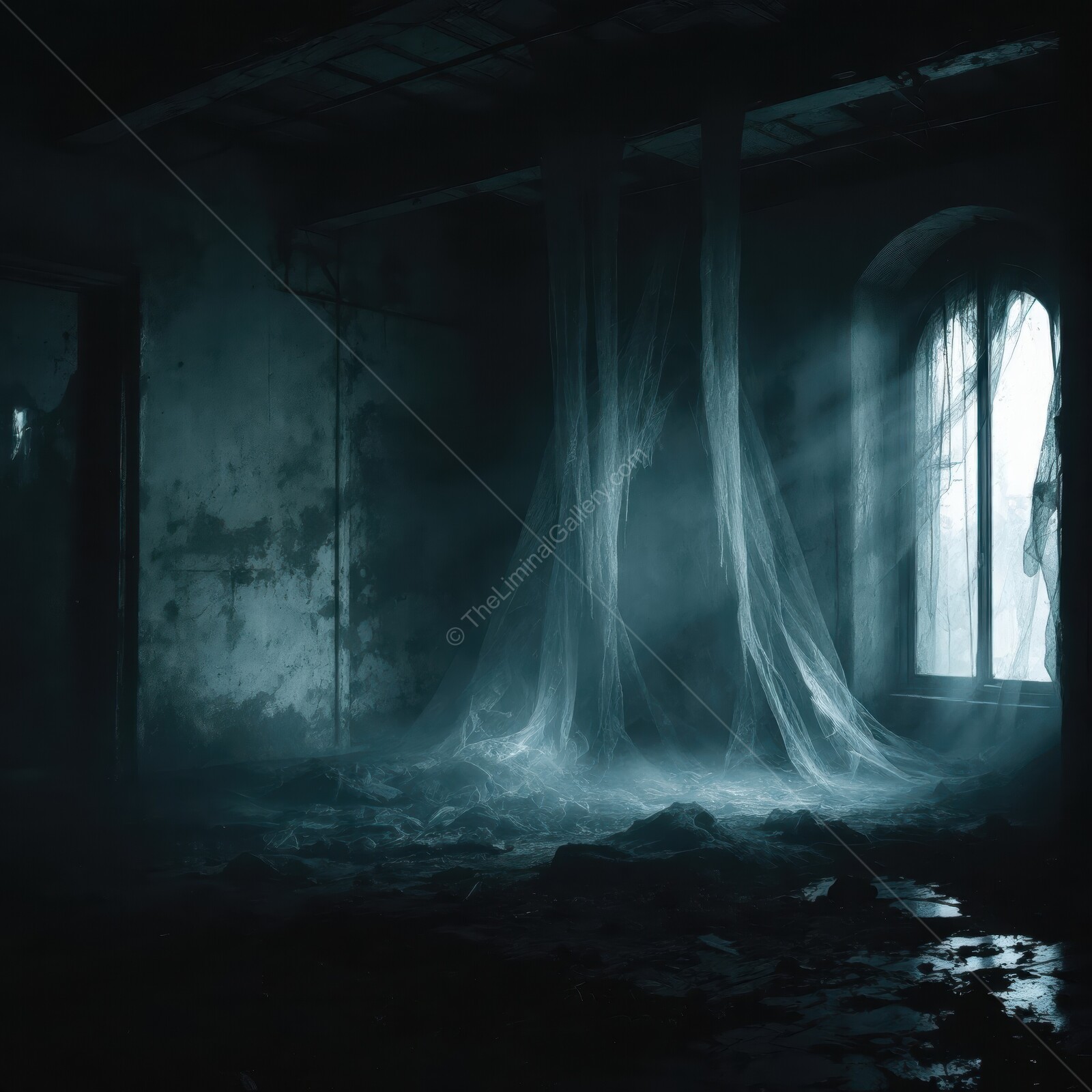 Eerie shadows dance in a forgotten room filled with decay and whispers of the past