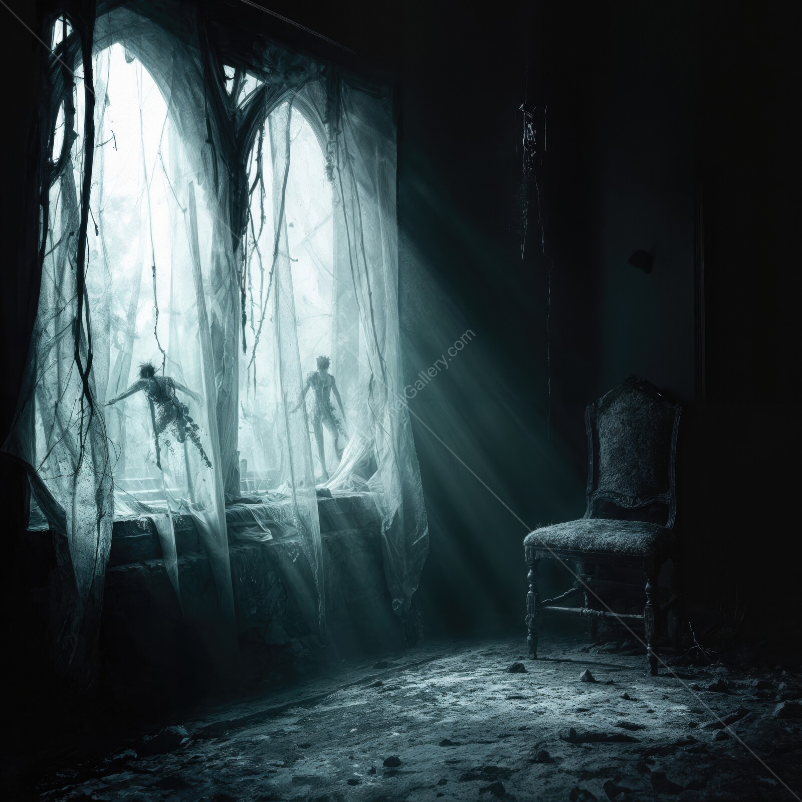 Eerie shadows in a forsaken room whisper forgotten tales in chilling silence