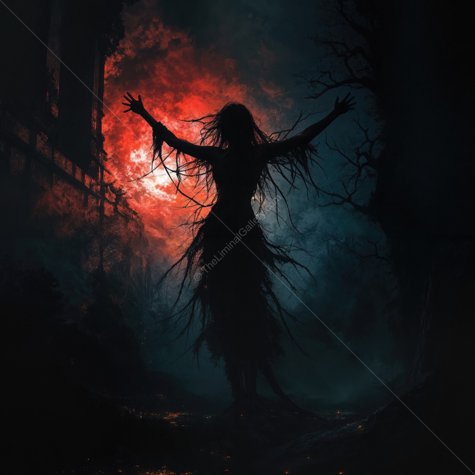 Eerie silhouette of a wild figure against an unsettling red and blue background in a ghostly setting