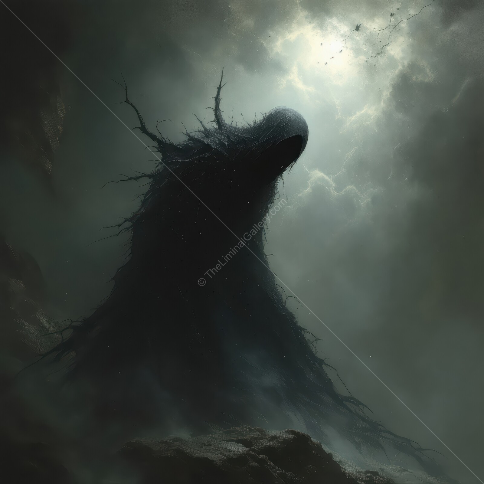 Eerie silhouette of a dark entity looms in a misty, surreal landscape evoking liminal horror feelings
