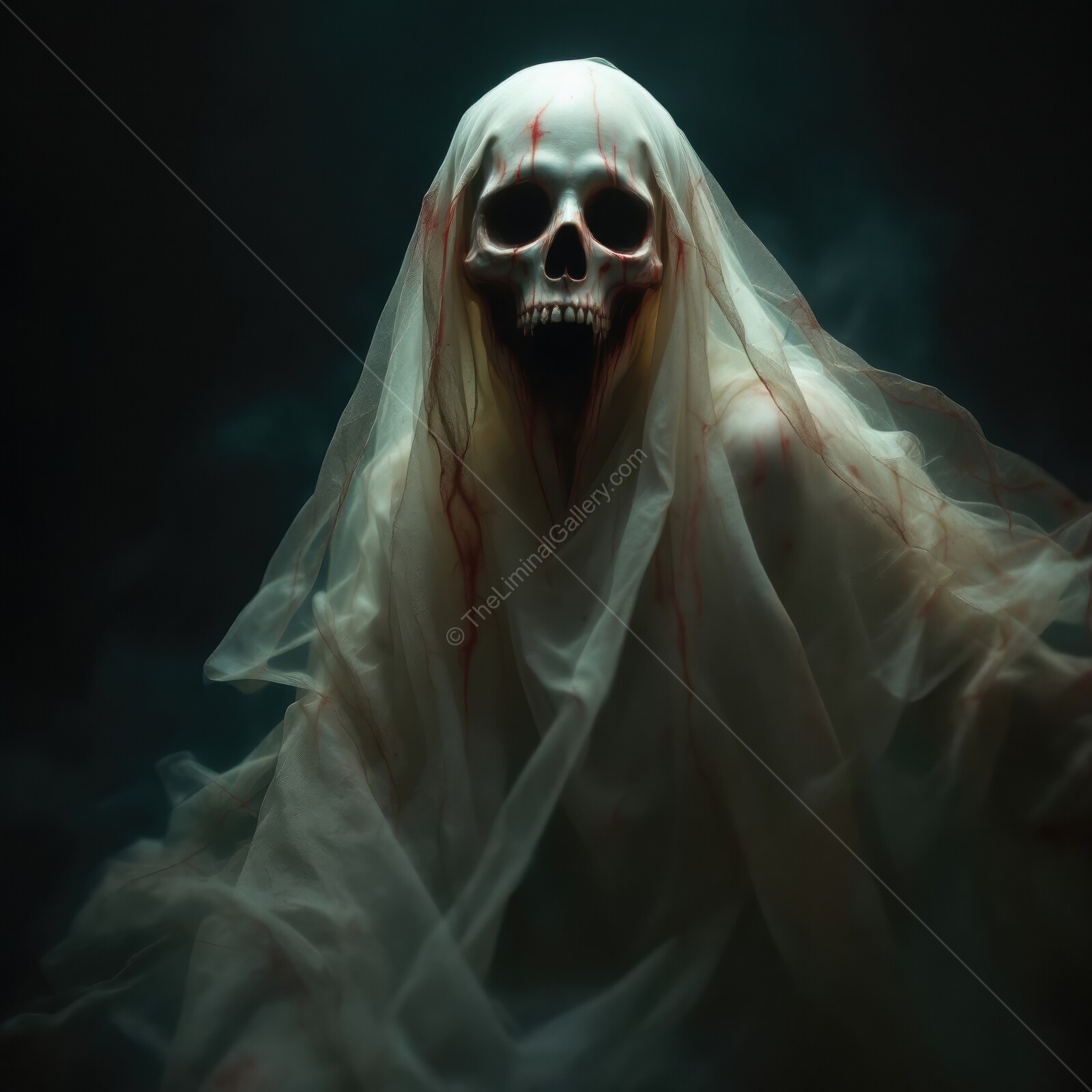 Eerie skeletal figure emerges from shadows wrapped in tattered white fabric haunting a dimly lit hallway