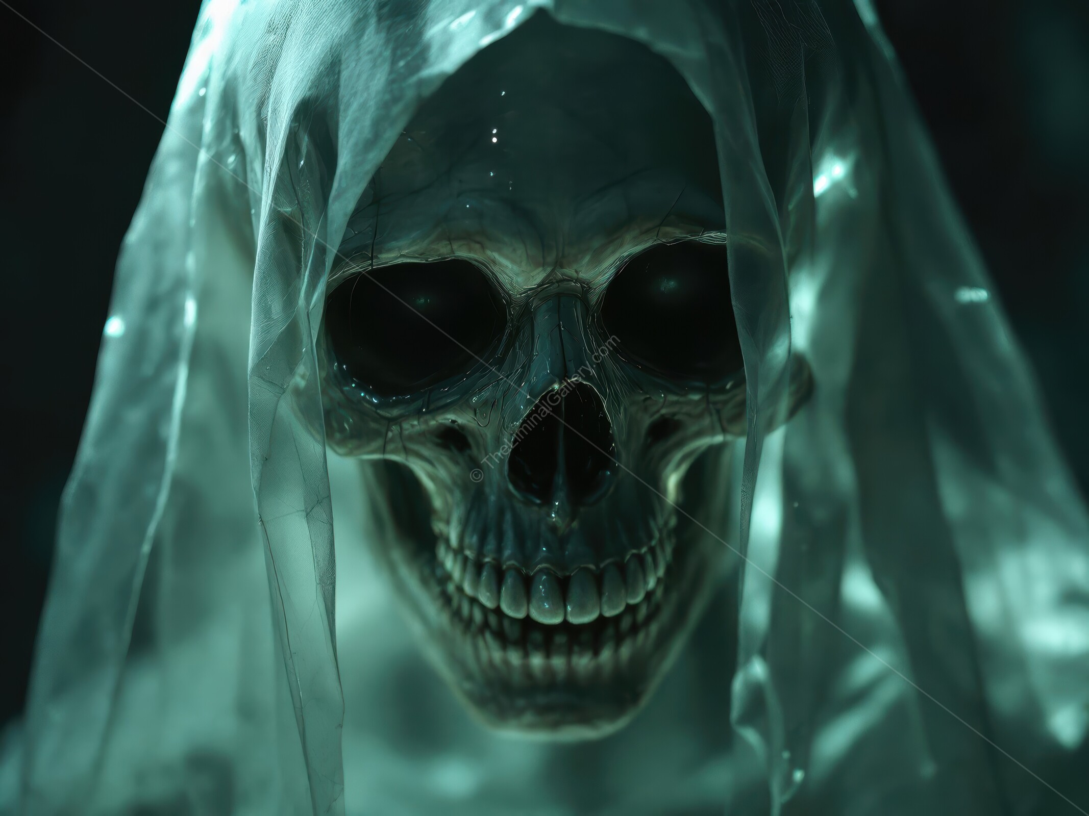 Eerie encounter with a ghostly skeleton in a dark, abandoned place at midnight