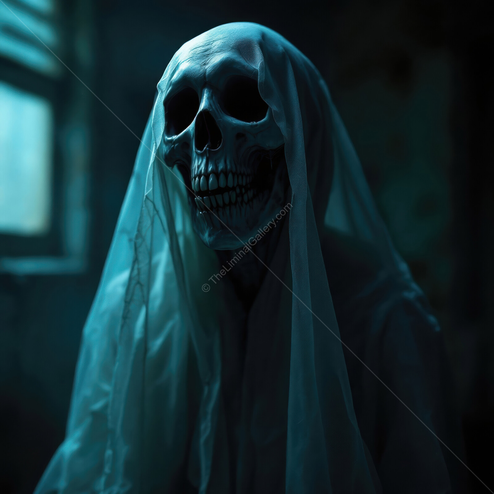 Eerie skeleton shrouded in mist evokes a sense of dread in an abandoned urban setting at dusk