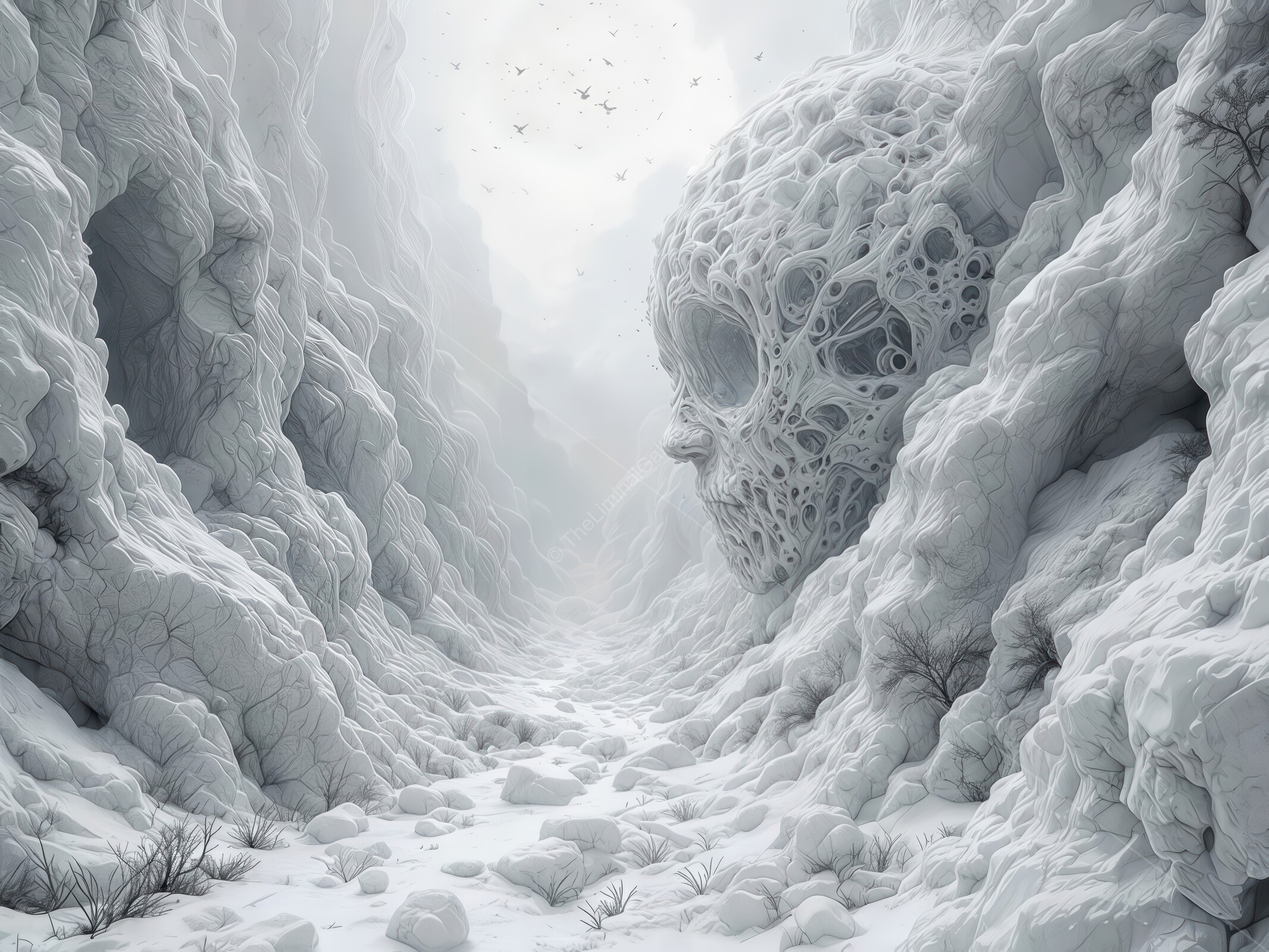 Eerie snow-covered valley features a massive skull in a liminal horror landscape filled with frost and shadowy forms