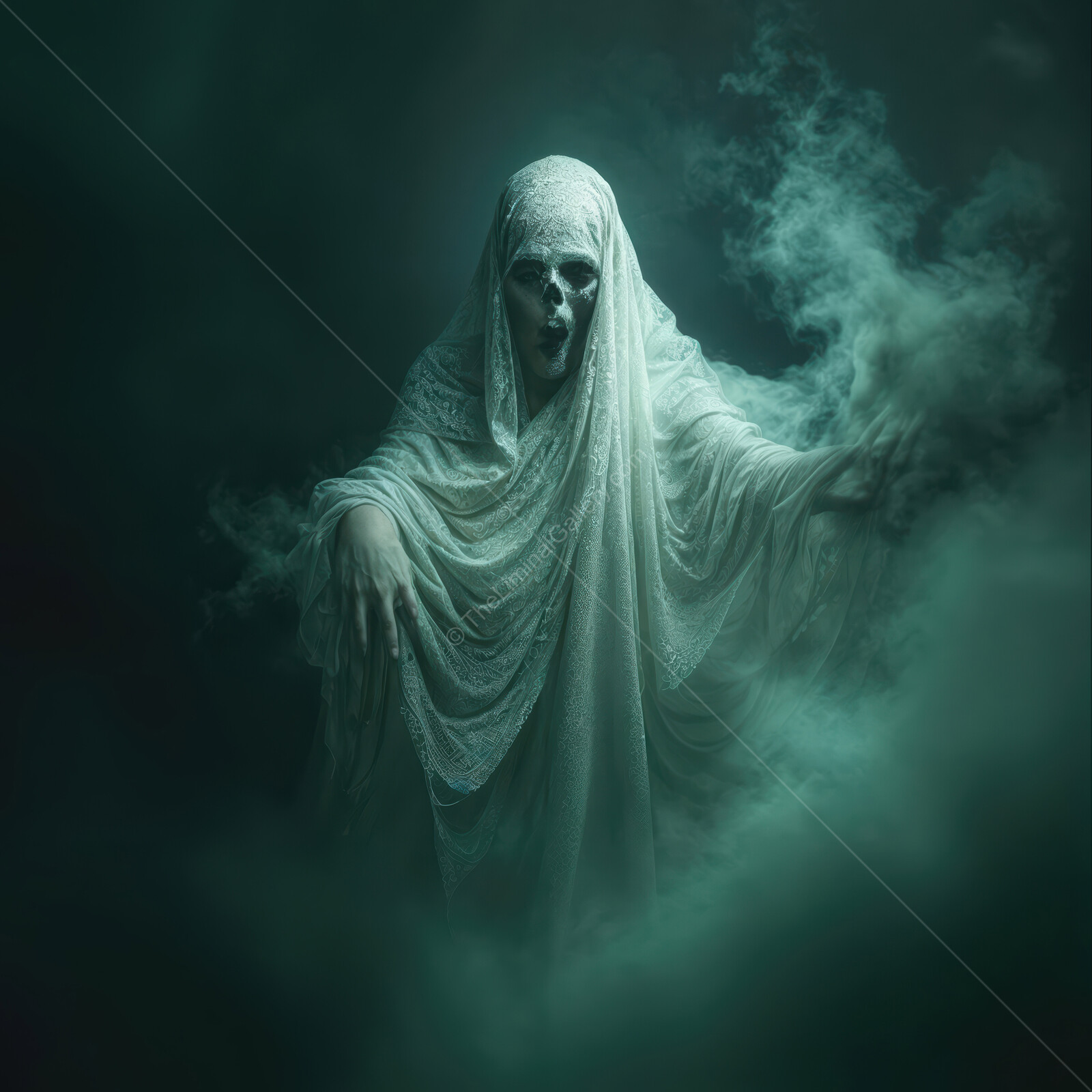 Eerie spirit emerges from shadowy fog in a desolate, haunted realm filled with unsettling whispers