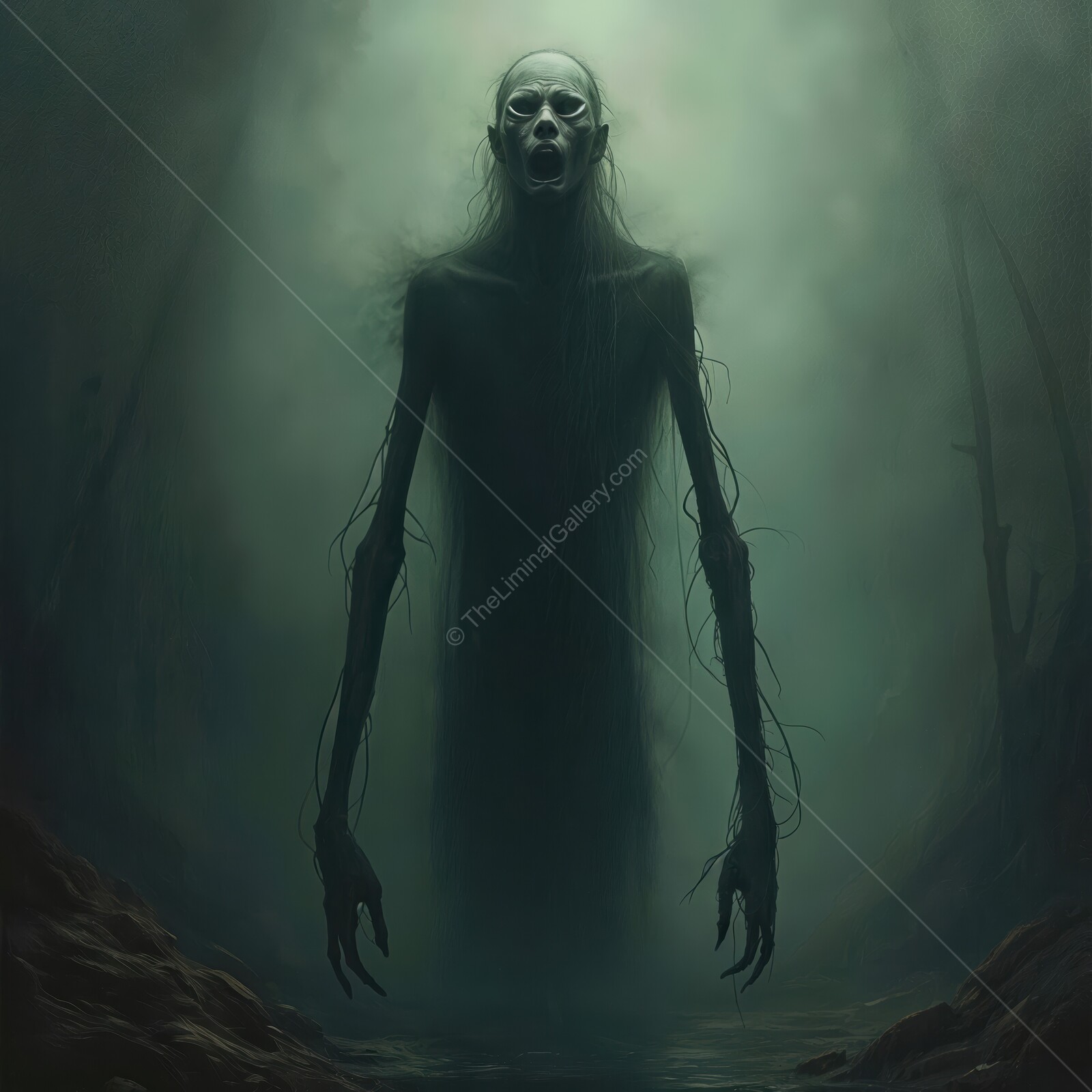 Eerie undead figure emerges from the dark mist in an unsettling forest at twilight