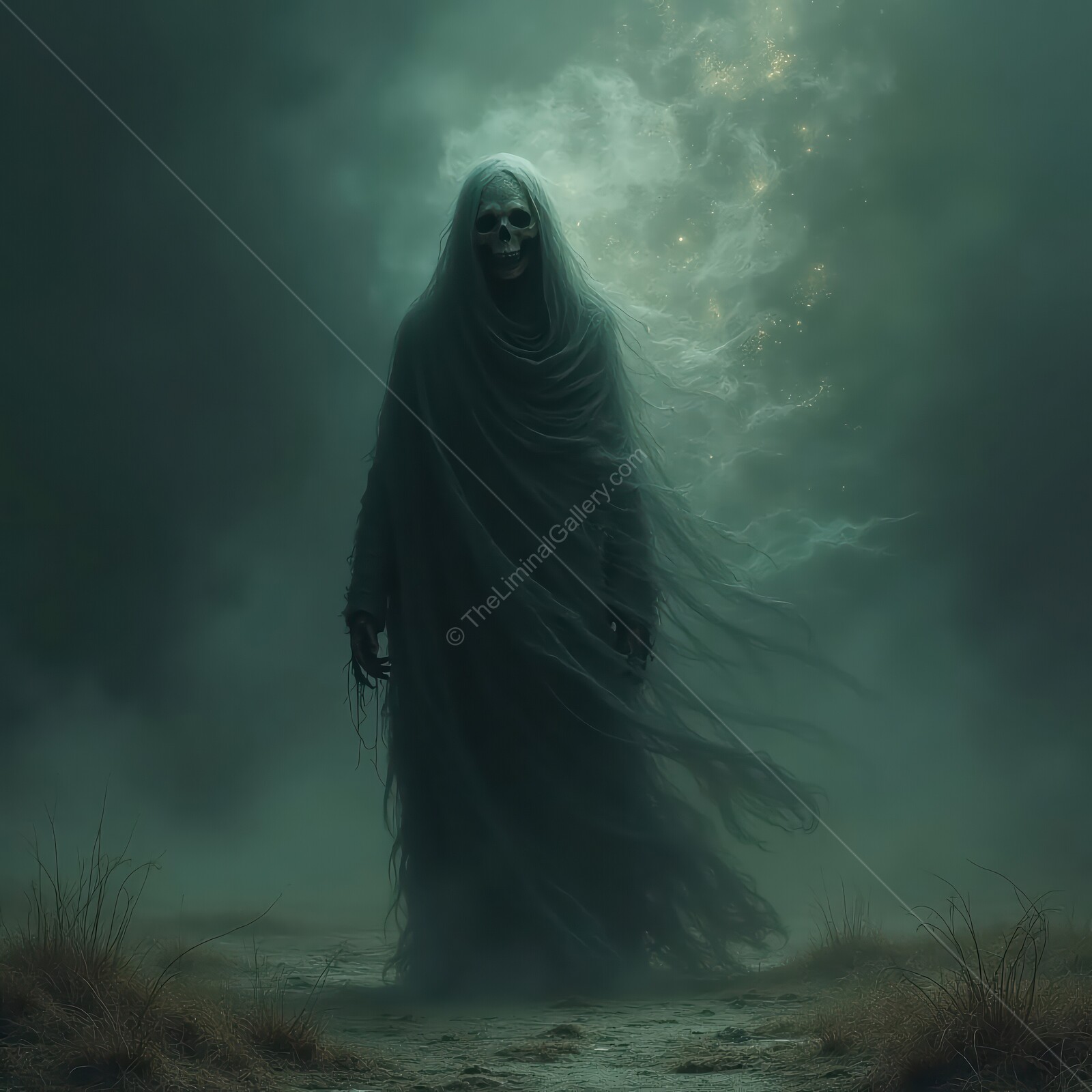 Eerie undead shrouded in mist wanders through a desolate landscape at twilight