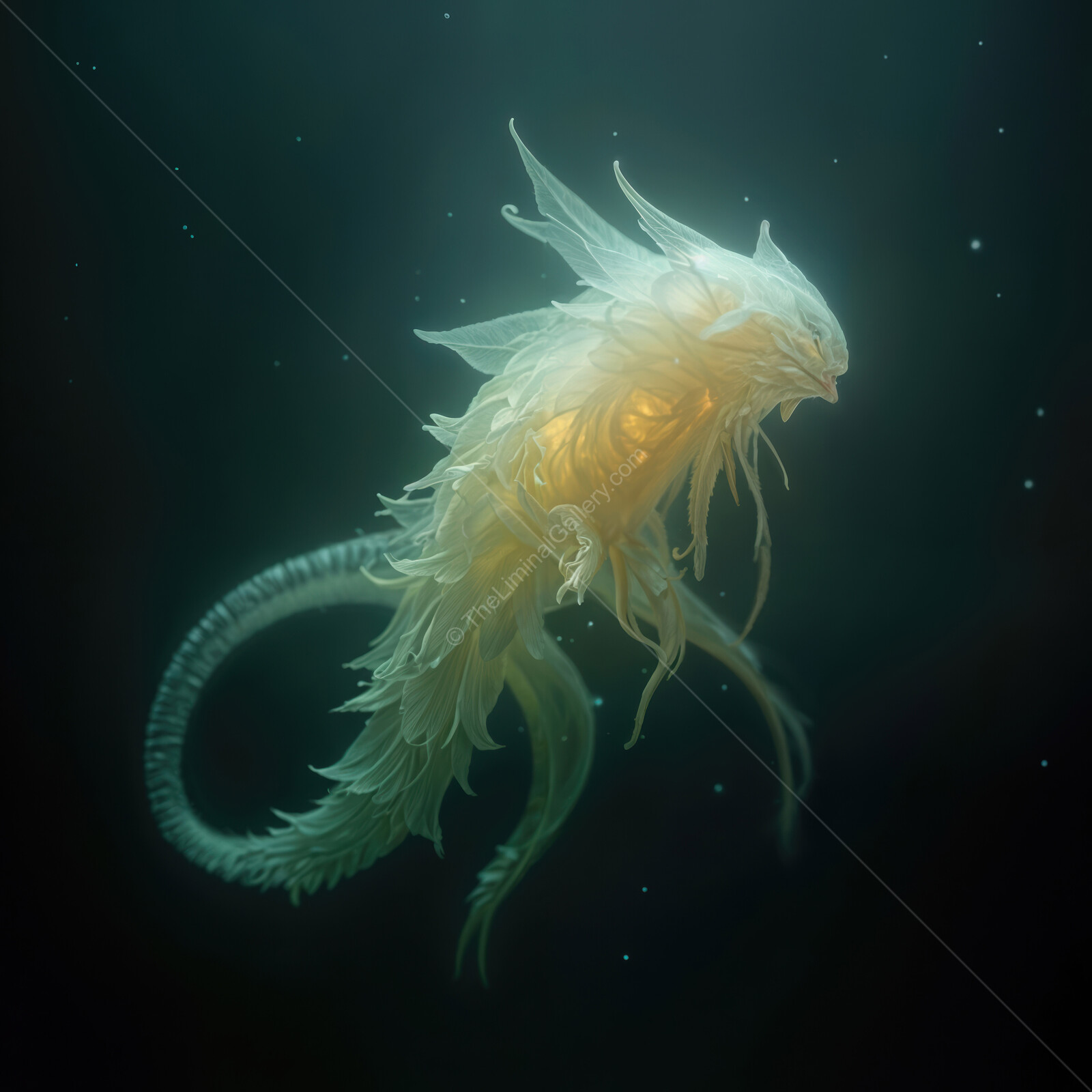 Eerie underwater creature floating in an unseen liminal space, surrounded by darkness and subtle glowing light