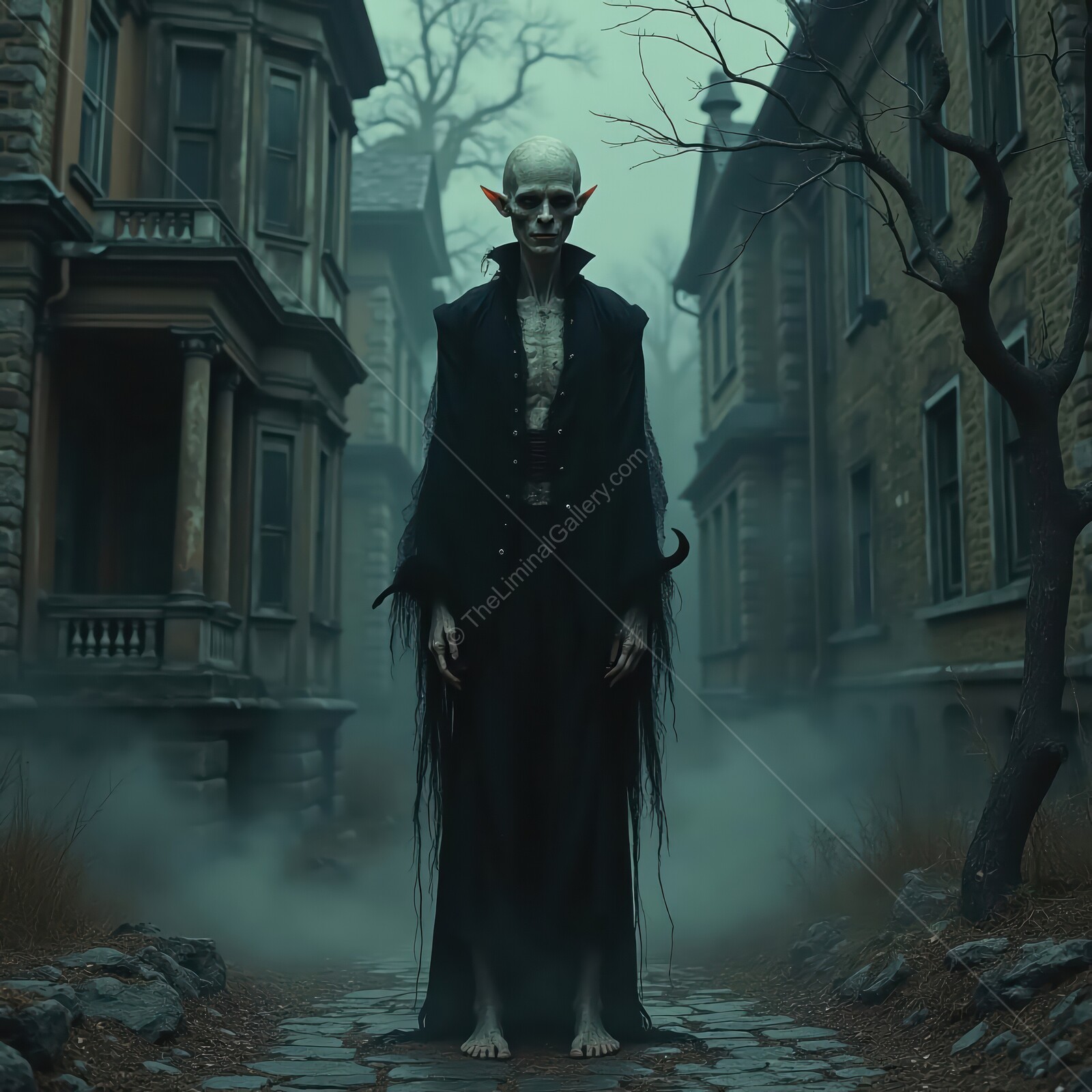 Eerie vampire cloaked in shadows haunts a deserted street in the twilight of a forgotten neighborhood