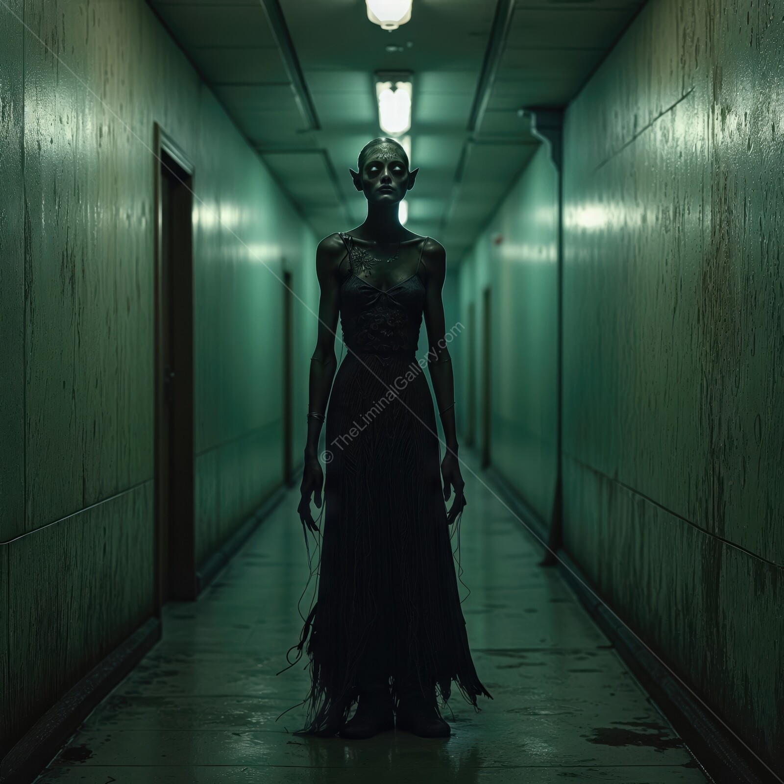 Eerie vampire lurks in a dimly lit corridor filled with unsettling shadows and chilling silence