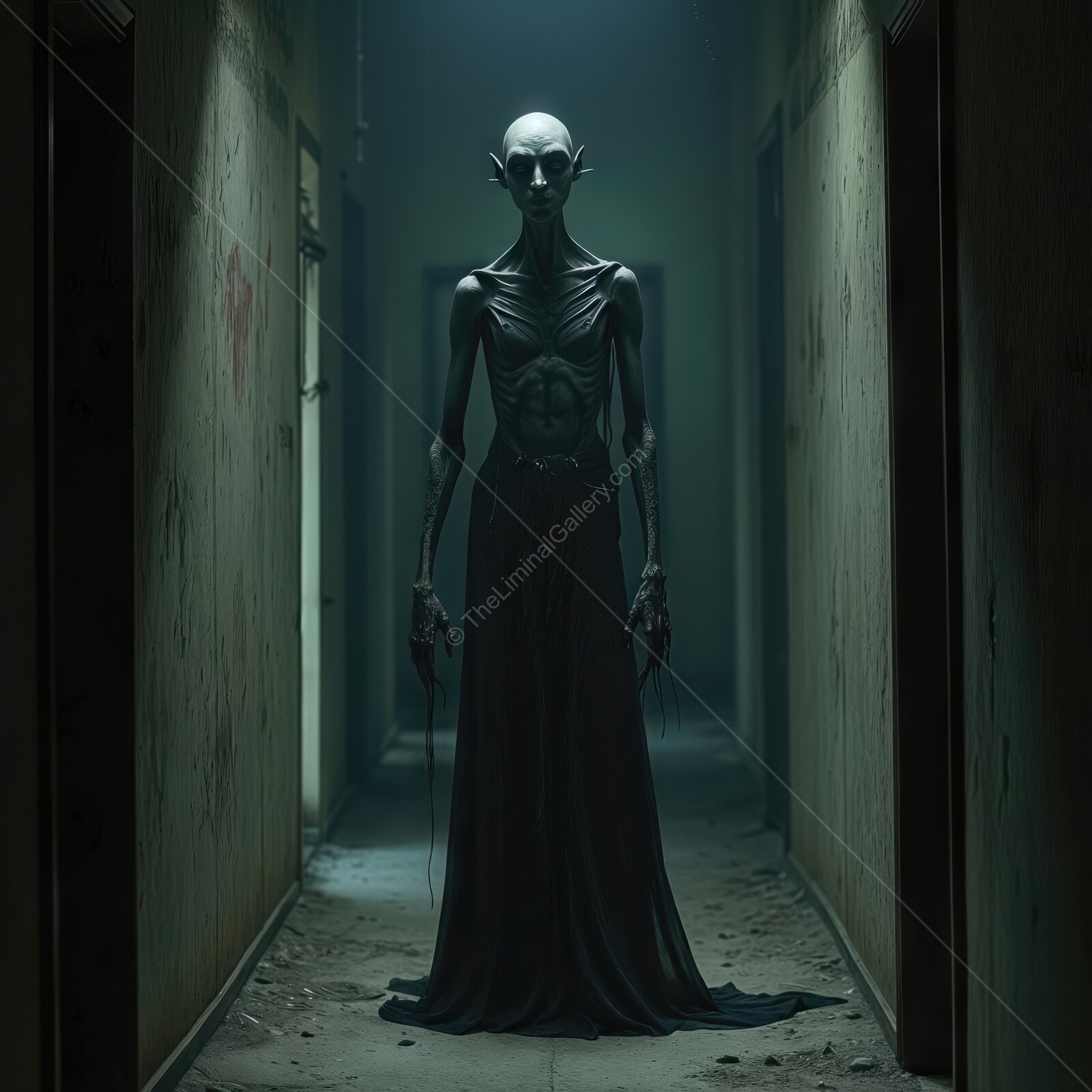 Eerie vampire stands in a deserted corridor of a forgotten building at twilight