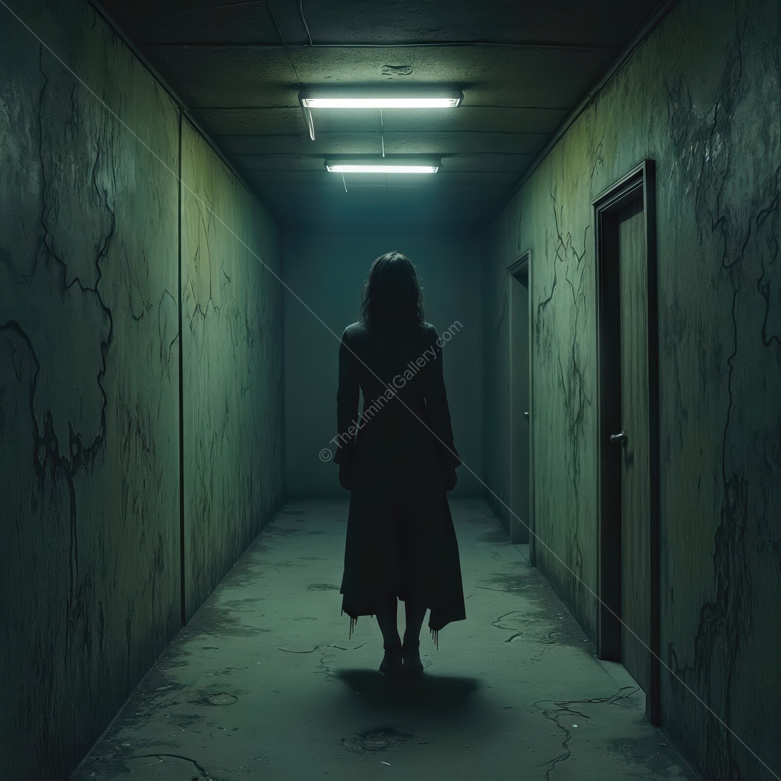 Eerie woman stands in a dimly lit corridor of a dilapidated building filled with shadows and mystery