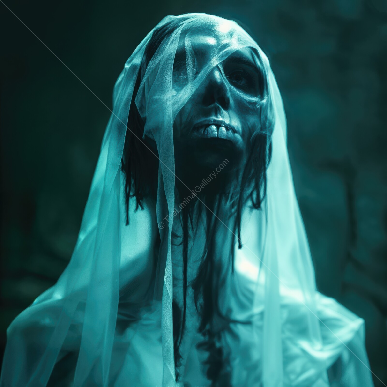 Eerie zombie shrouded in translucent fabric creates a haunting atmosphere in an abandoned space at dusk