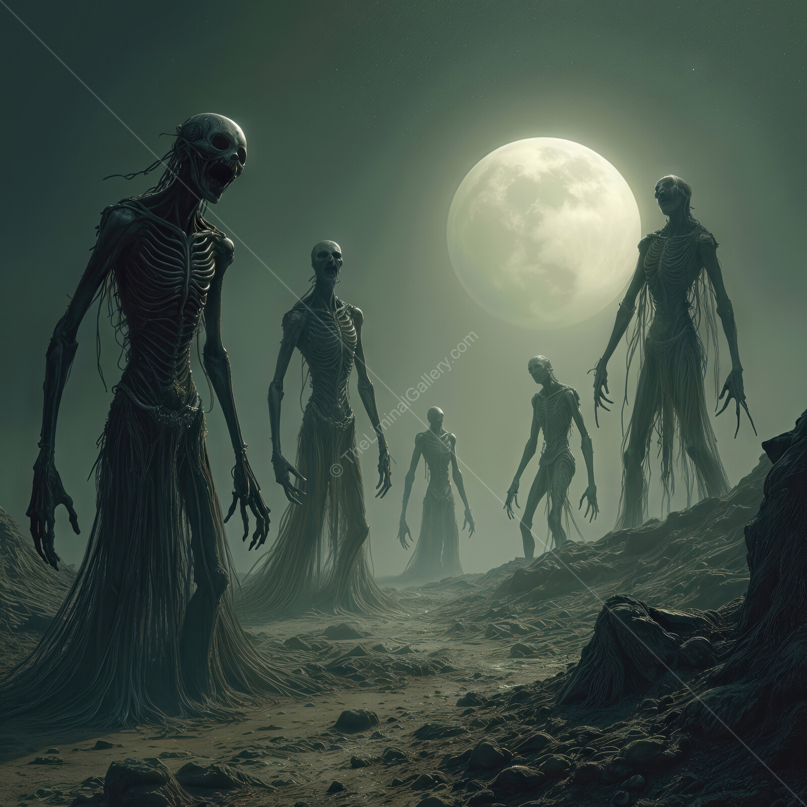Zombies emerge from the fog under a full moon in a desolate landscape filled with lingering dread