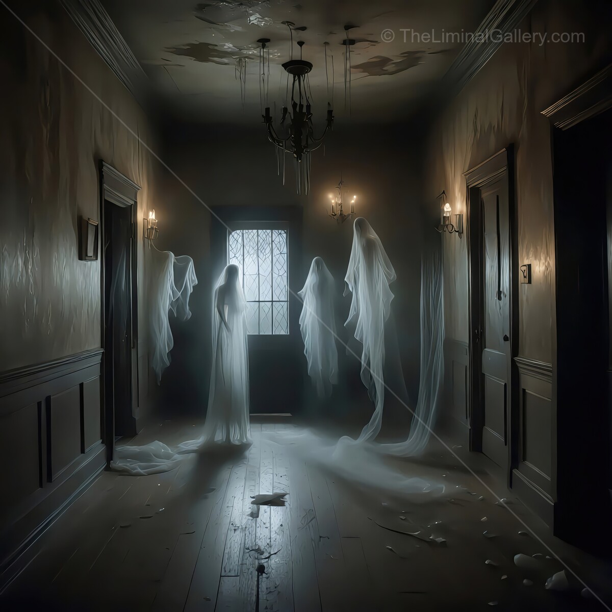 Enigmatic encounter with ethereal ghosts in a liminal old, dimly lit hallway at midnight