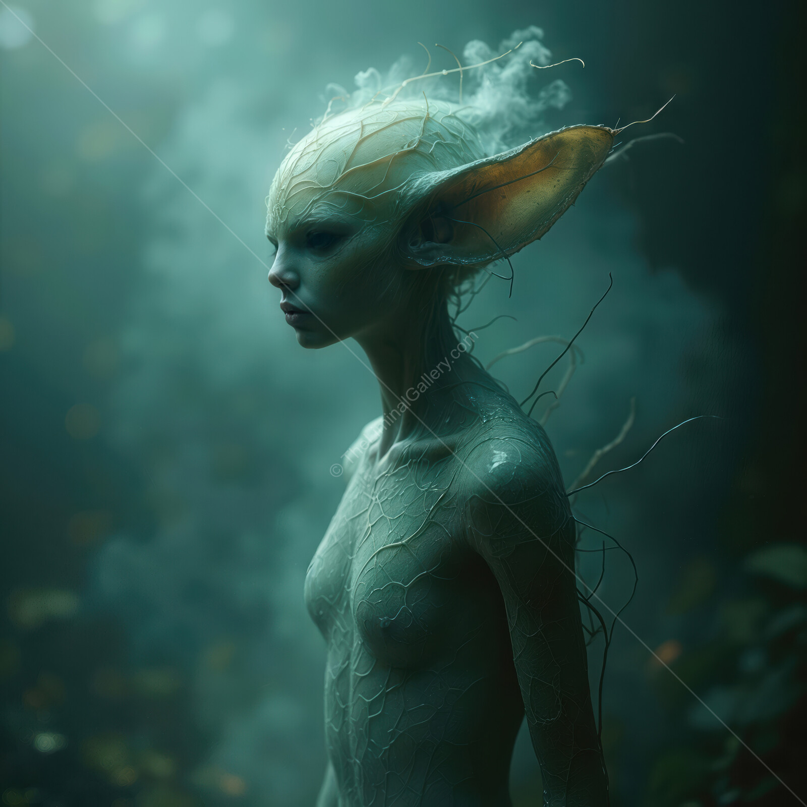Enigmatic entity emerges from the fog in an ethereal forest at twilight