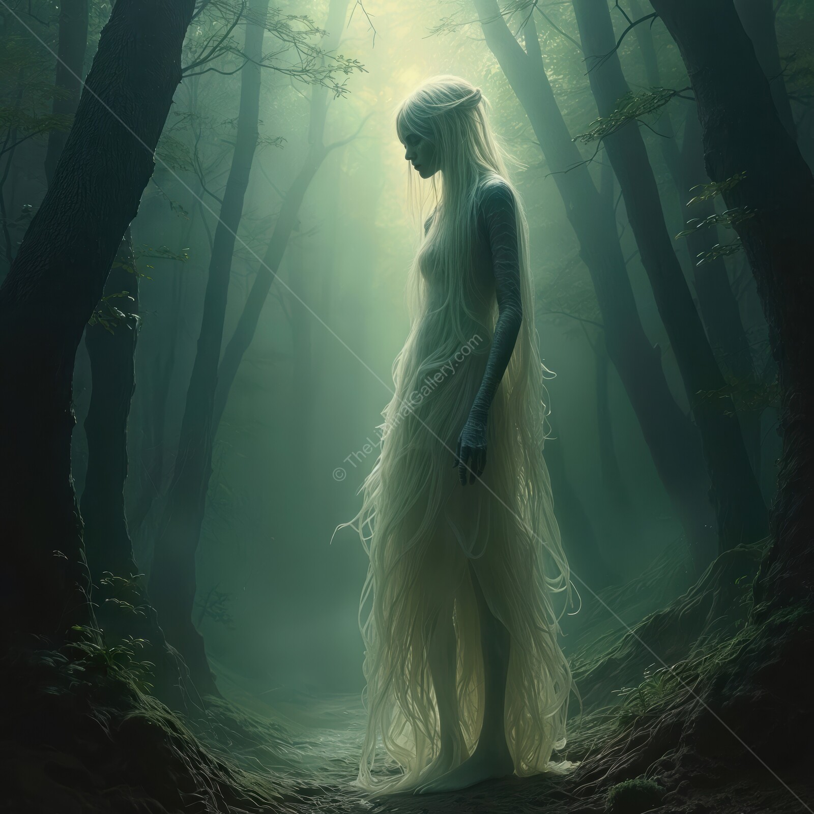 Enigmatic figure embodies the essence of horror in a shadowy forest at twilight