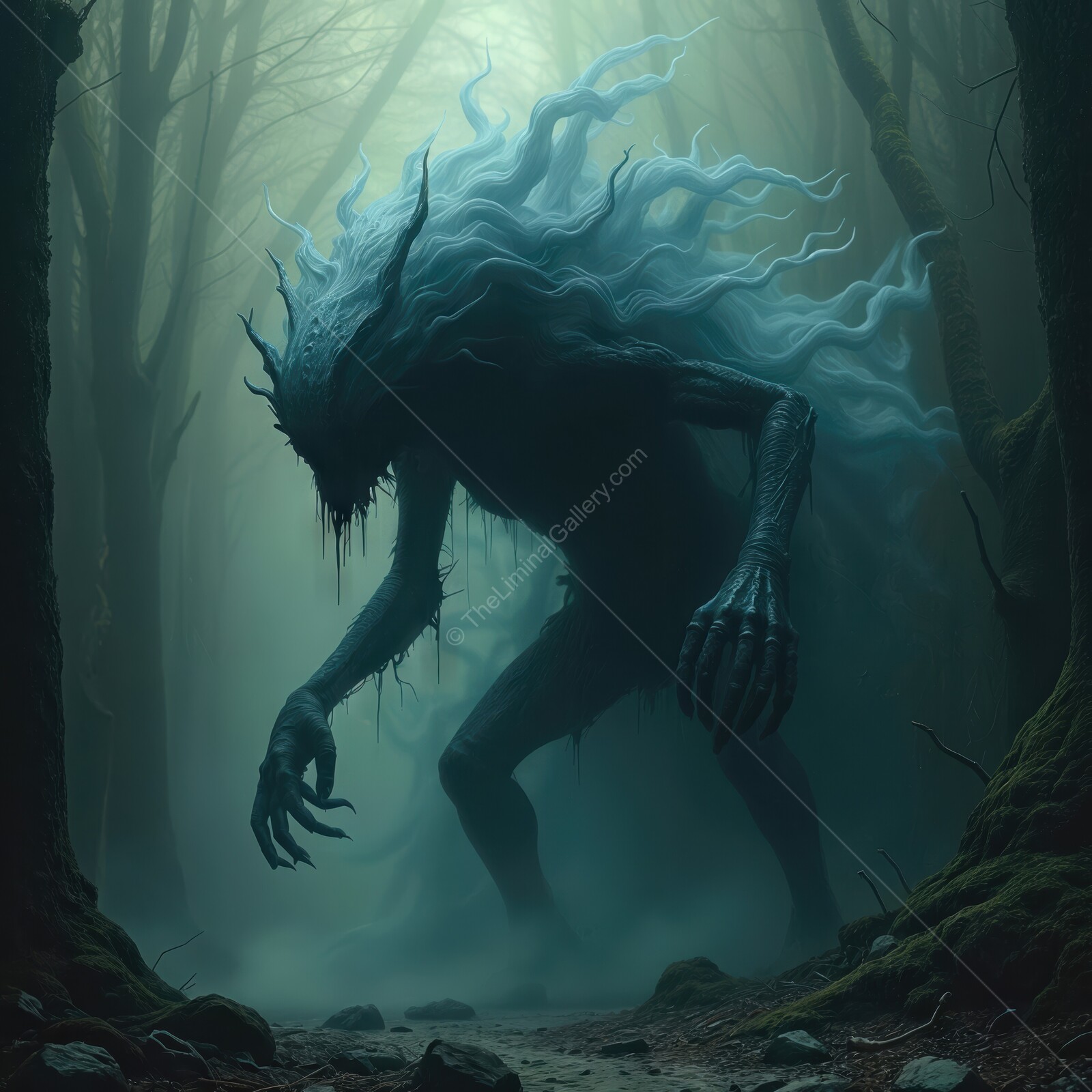 Enigmatic monster lurks through a foggy forest, evoking feelings of dread and isolation at twilight