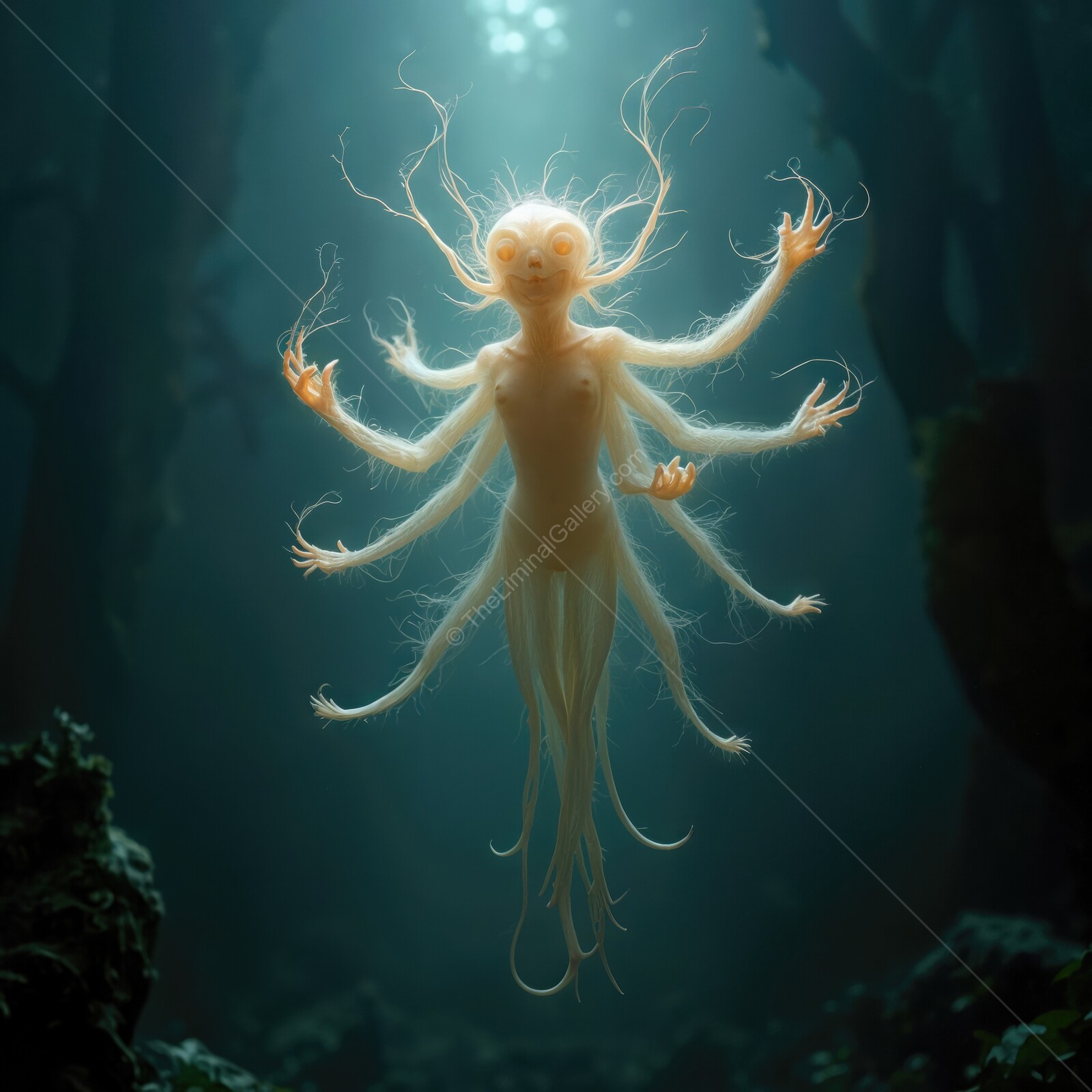 Ethereal being emerges from the shadows in an abandoned undersea cavern at twilight