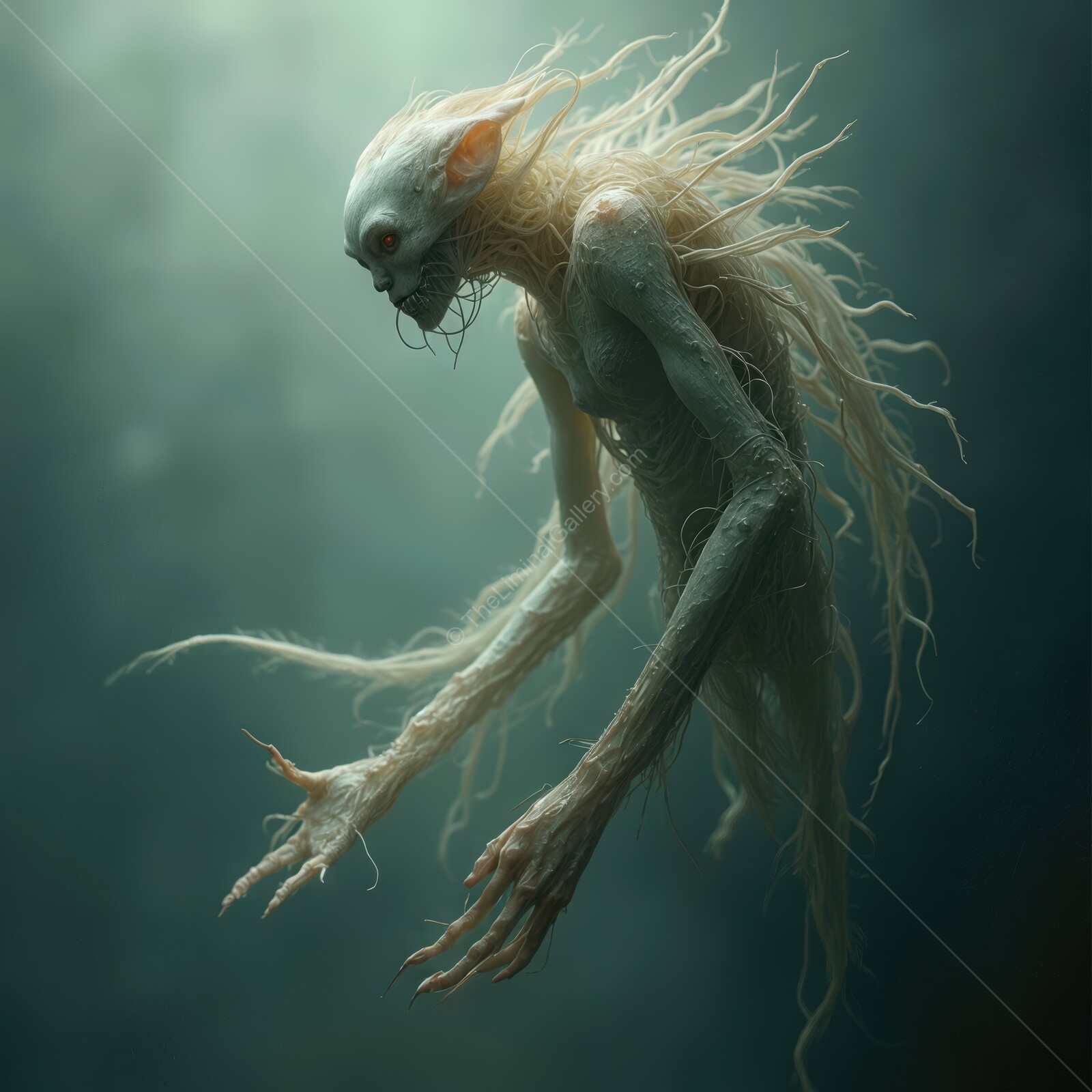 Ethereal creature lurks in a haunting liminal space at dusk, invoking a chilling atmosphere of horror
