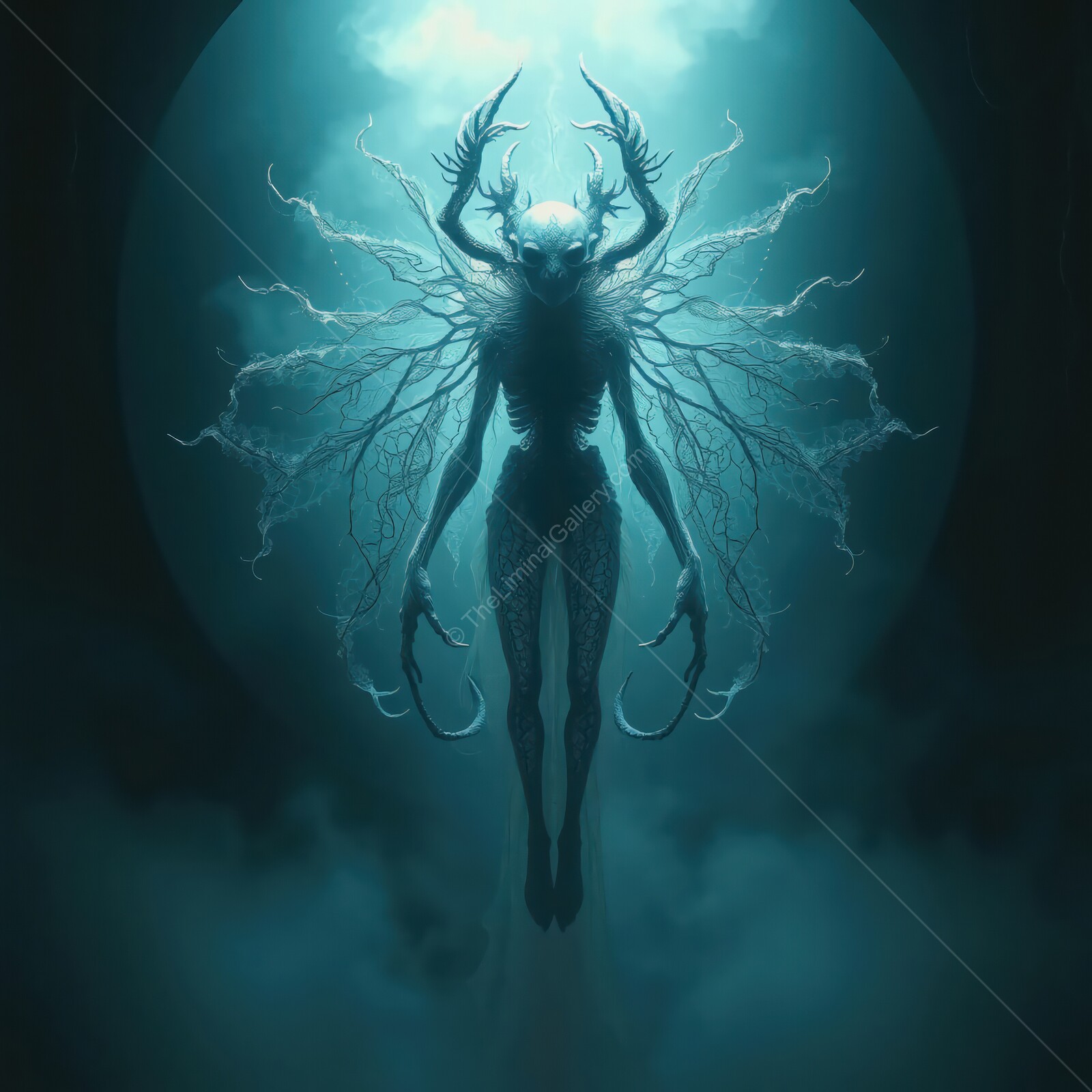 Ethereal demon emerges from shadows with haunting presence in a liminal space at twilight hour