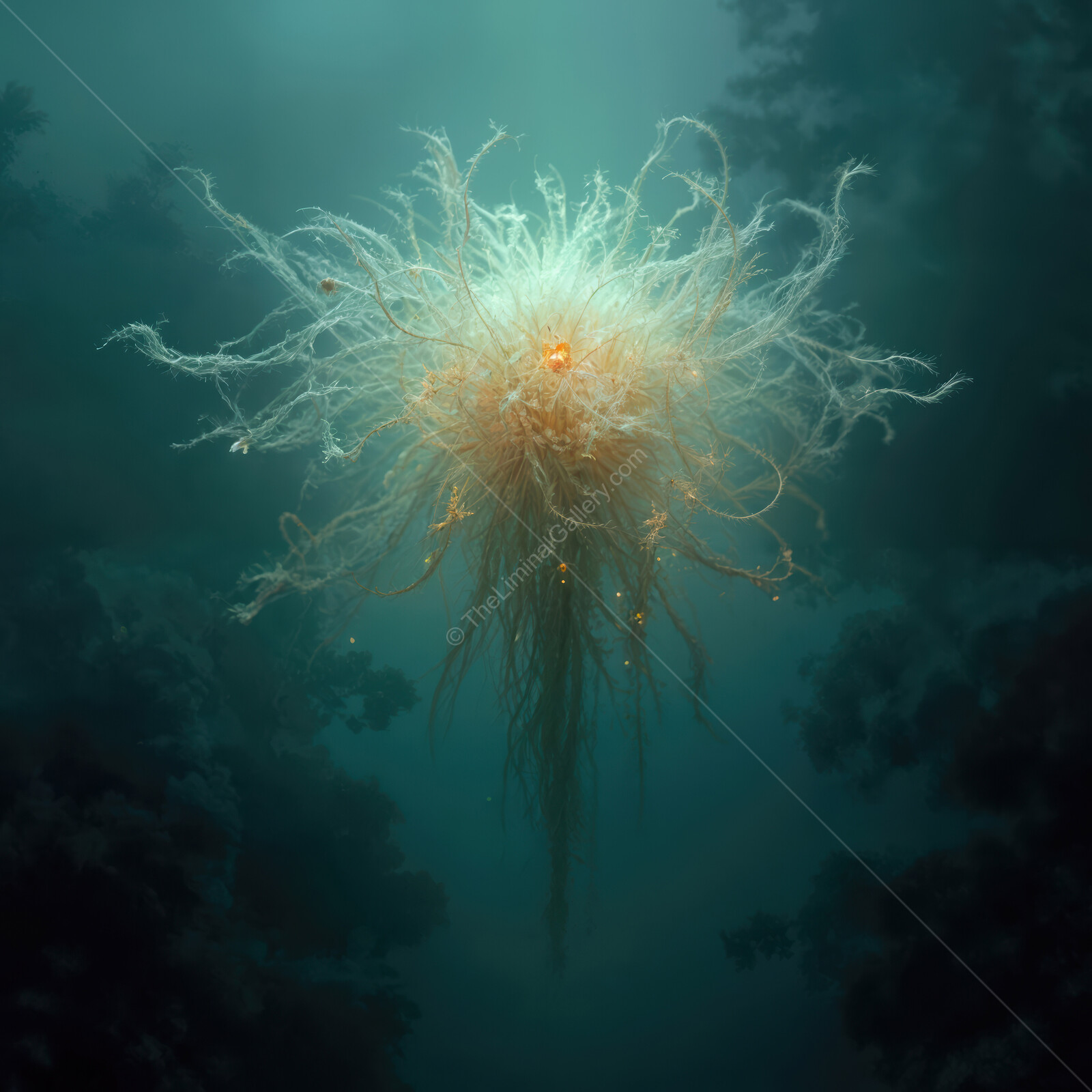 Ethereal entity floats through a murky forest at dusk, evoking a sense of liminal horror and mystery