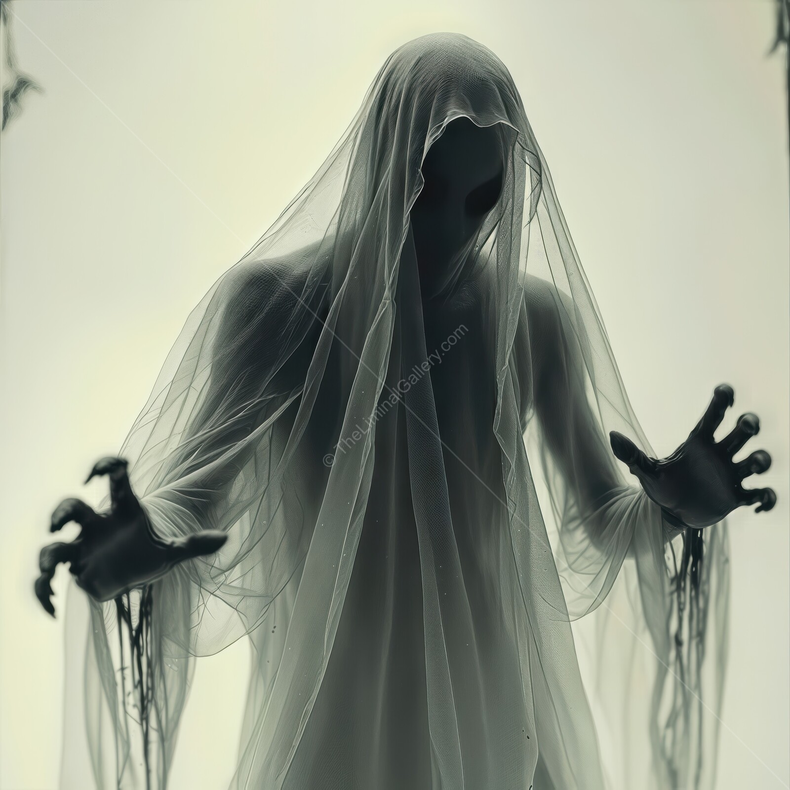 Ethereal figure emerges from shadows in a haunting liminal space evoking fear and curiosity