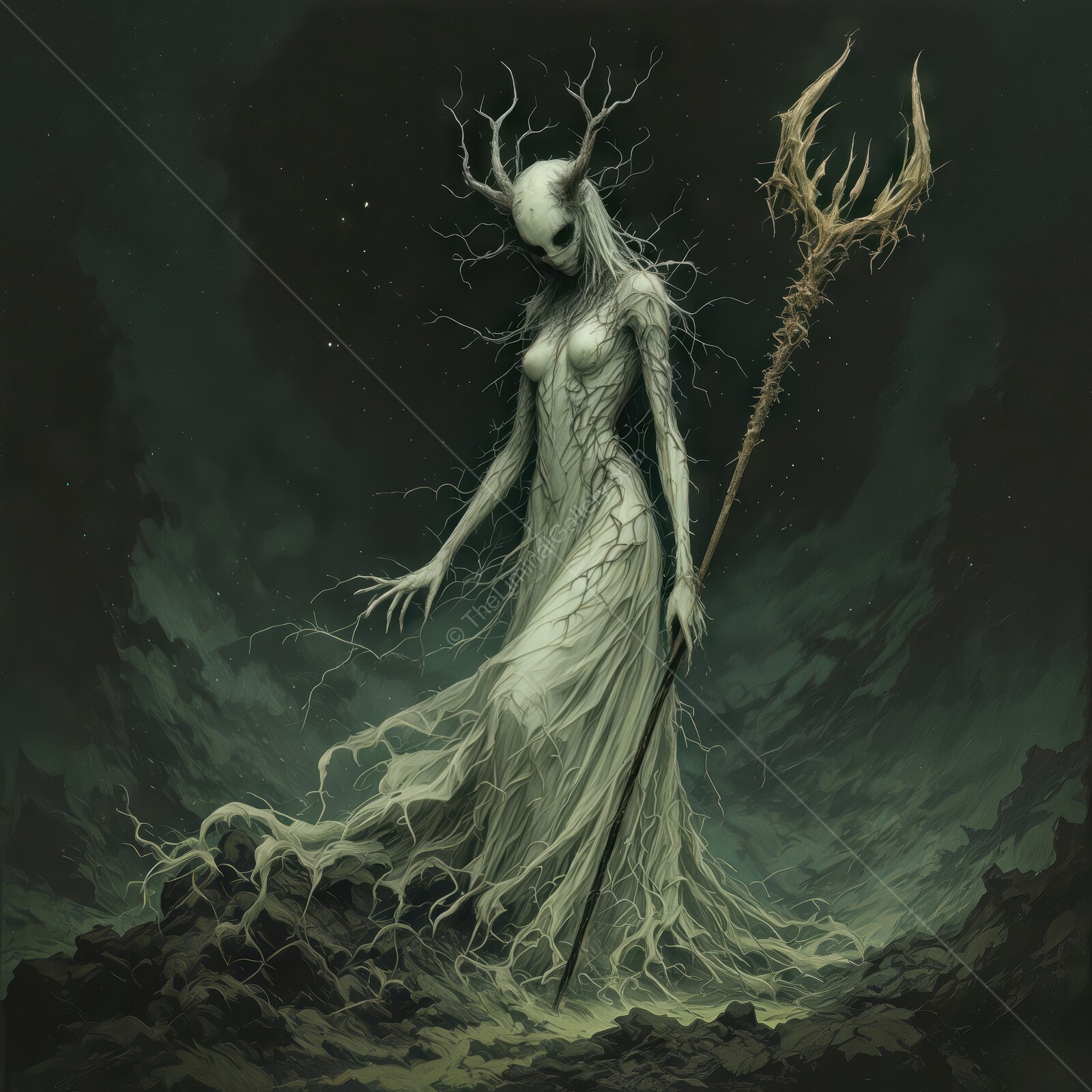 Ethereal figure emerges from shadows in a haunting liminal landscape at twilight