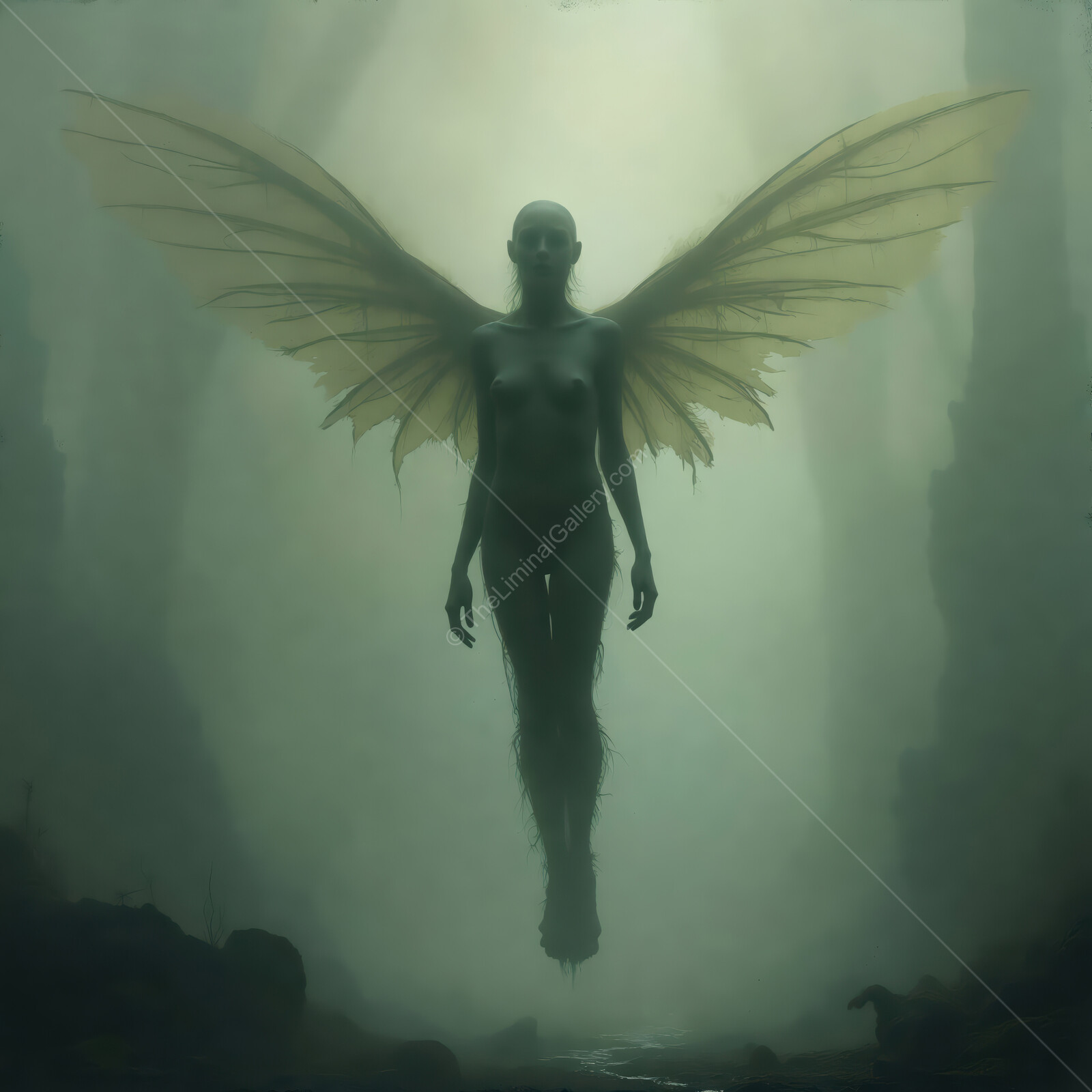 Ethereal silhouette of a winged figure shrouded in mist evokes a sense of horror and mystery in a surreal landscape