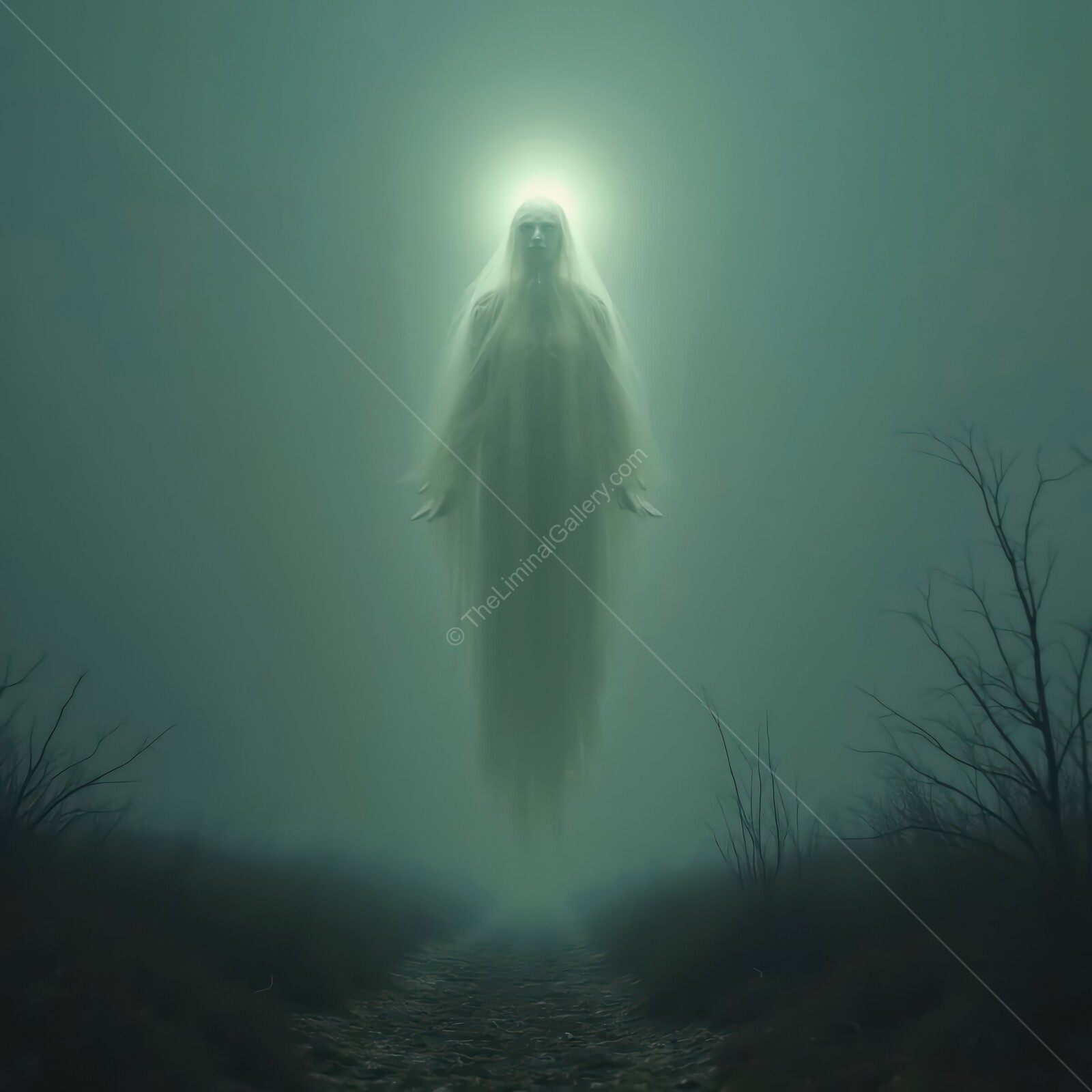 Ethereal ghost haunts a desolate path shrouded in fog during twilight hours in a realm of unsettling ambiguity