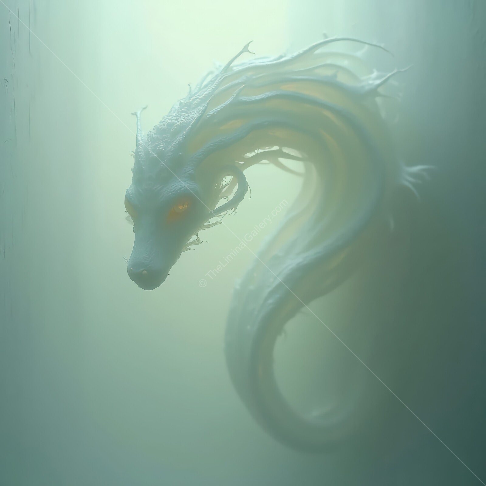 Ethereal serpent emerges from fog in a hauntingly surreal landscape of liminal horror