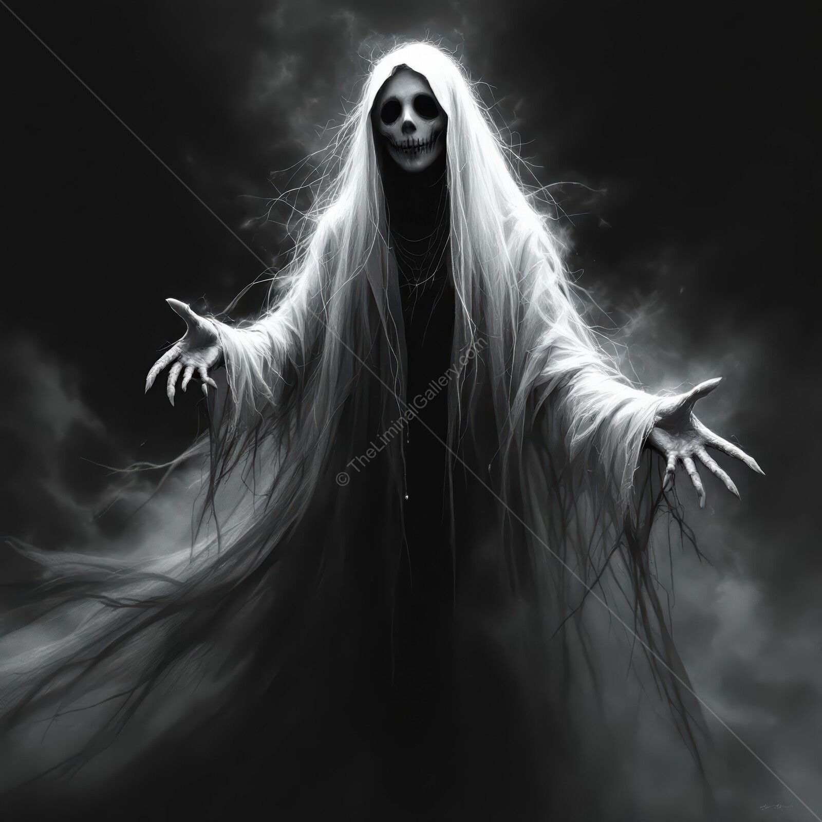 Ethereal specter beckons from the shadows in a chilling liminal landscape