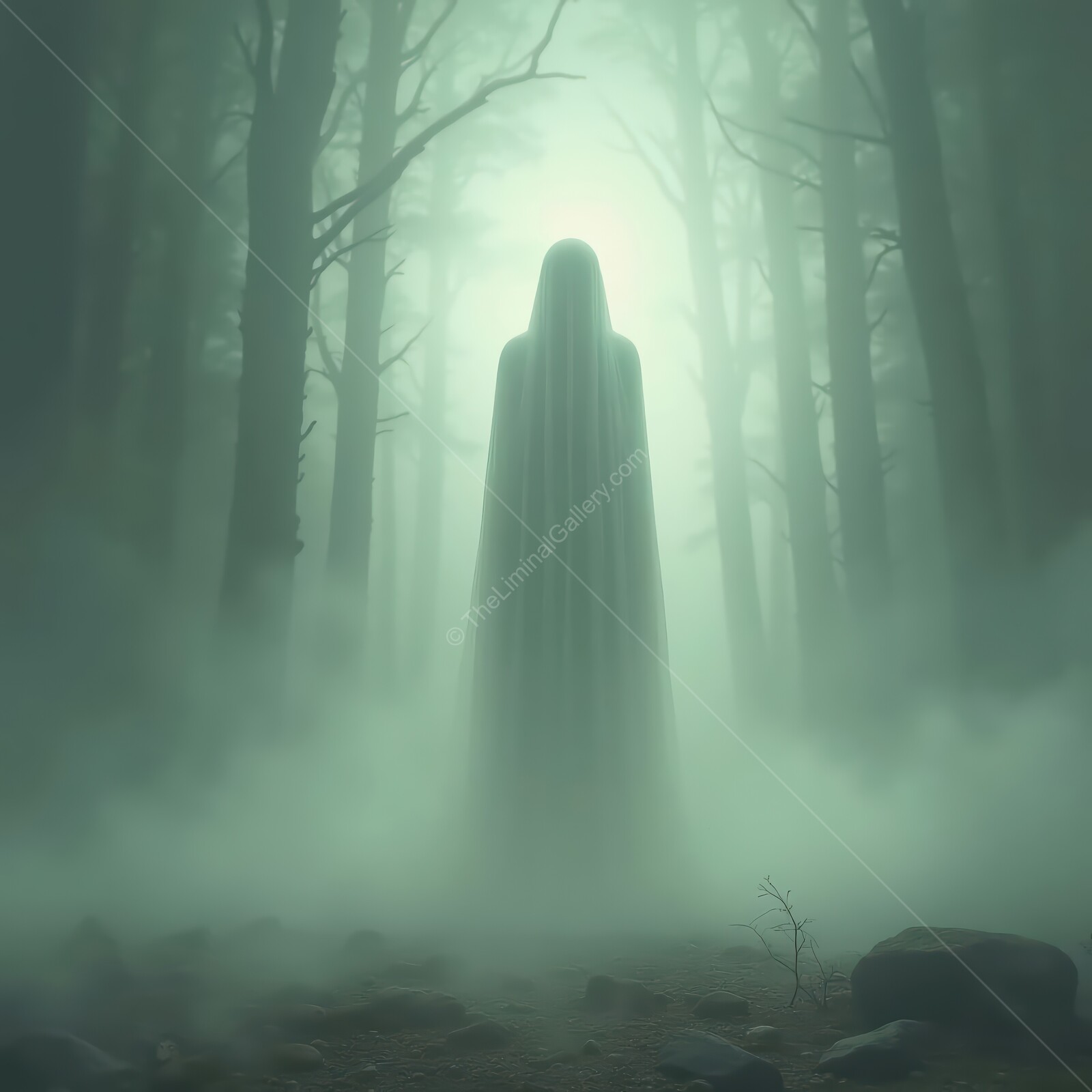 Ethereal spirit emerges from fog in an eerie forest, evoking feelings of unease and dread in the night