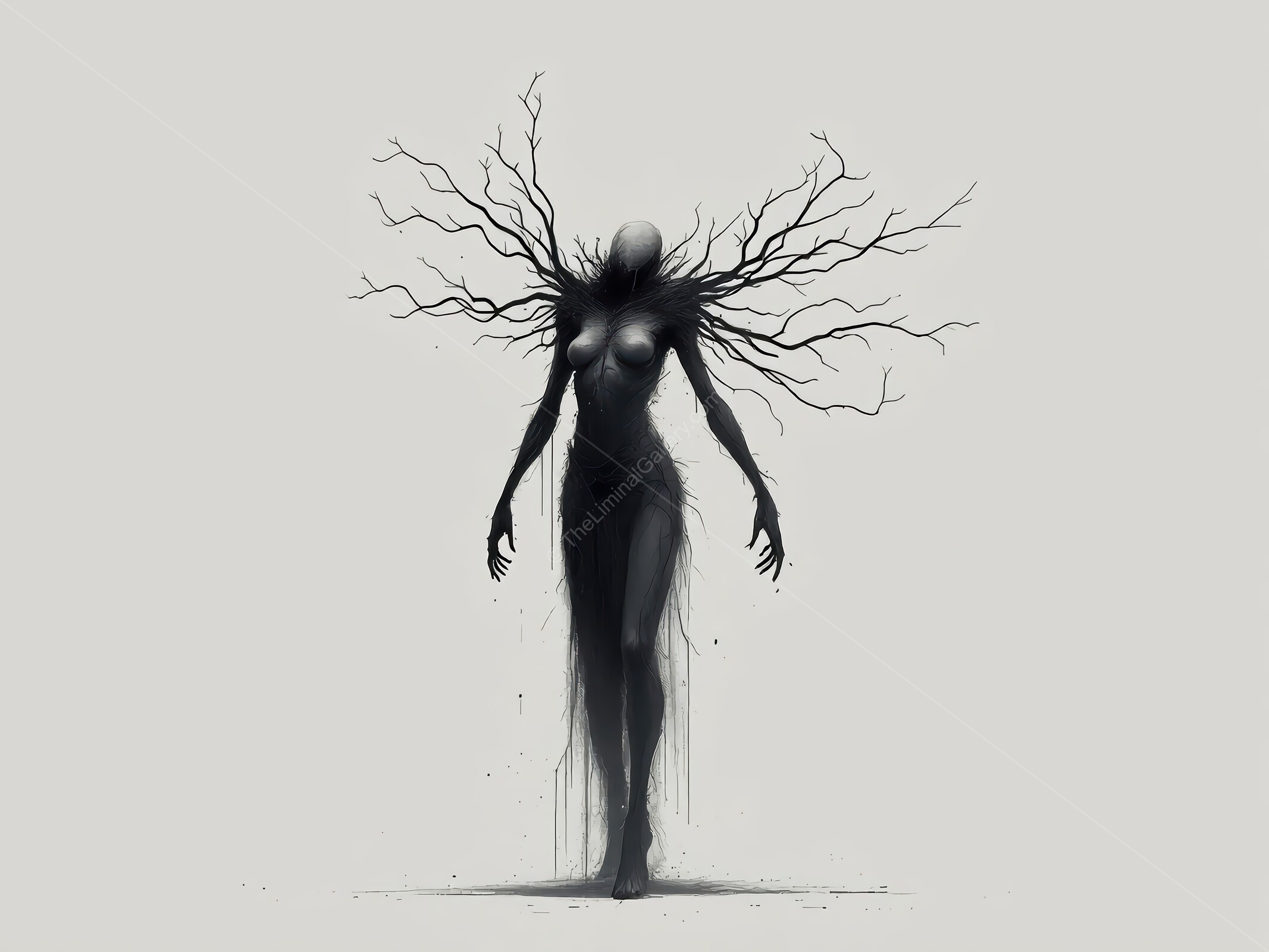 Mysterious figure emerges enveloped in shadows and twisted branches at dusk