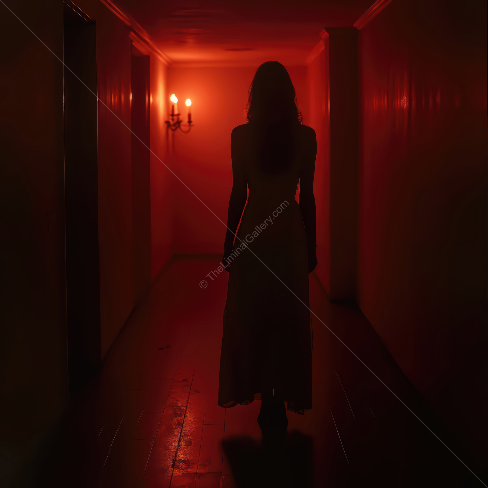 Mysterious figure walks down a dimly lit hallway with flickering red lights at night