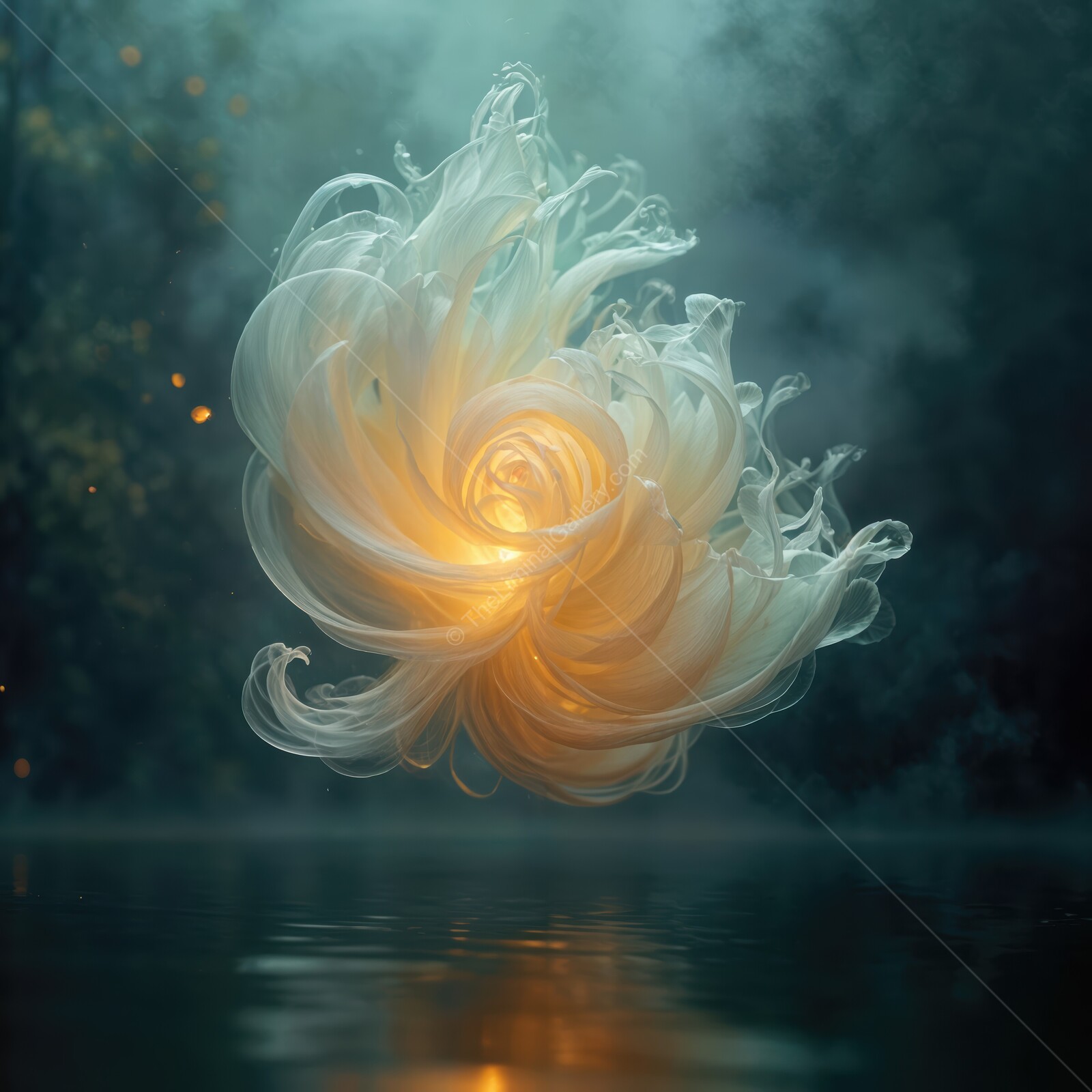 Floating luminescent jellyfish-like creature manifests eerie beauty in forgotten forest at twilight