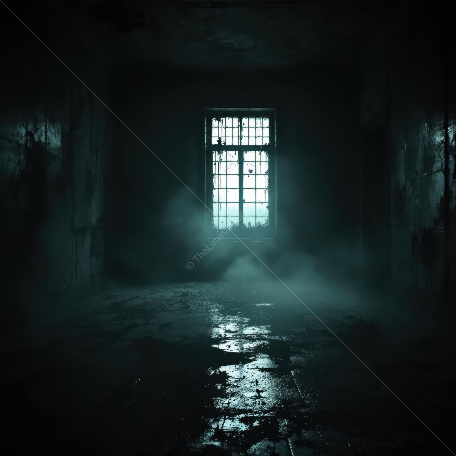 Darkness envelops an abandoned room as fog creeps through a cracked window in haunting silence
