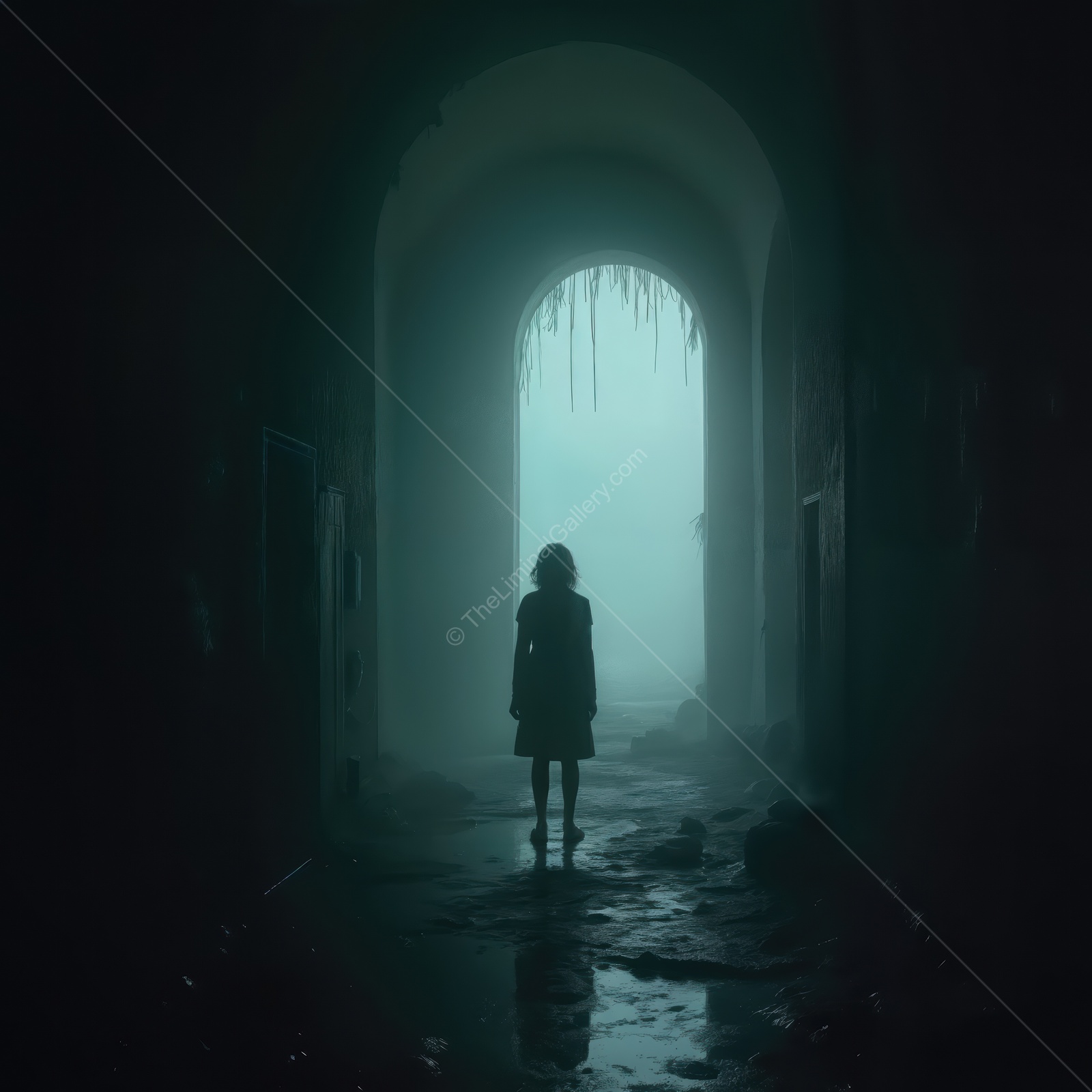 Mysterious figure standing in a foggy corridor with an eerie atmosphere in an abandoned location
