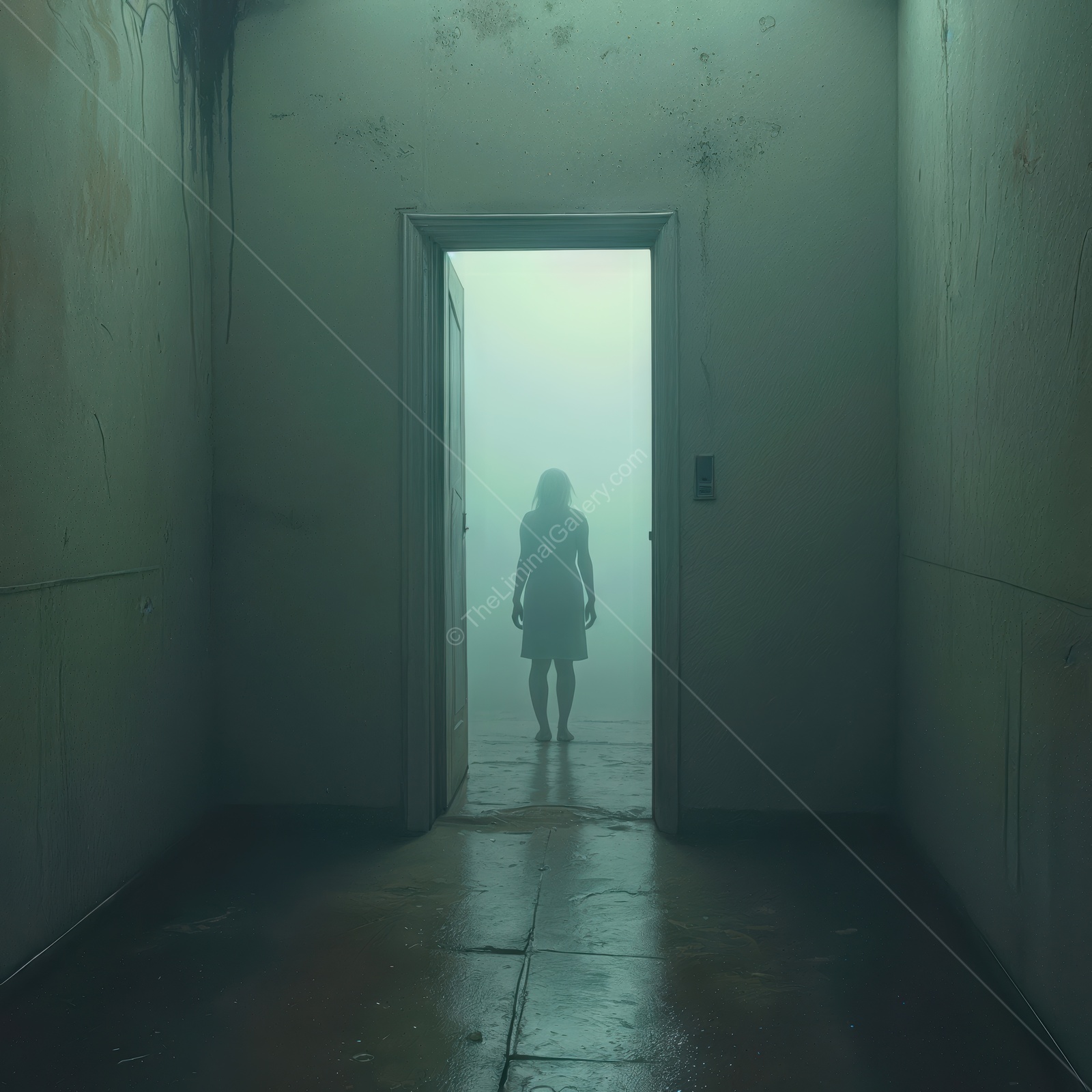 Silhouette in the fog reveals an eerie scene in a deserted corridor at twilight