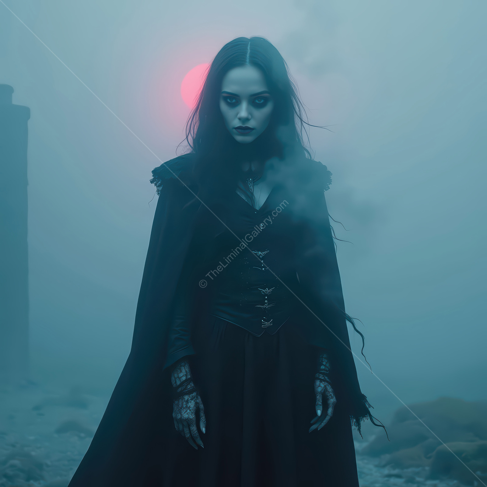 Dark and mysterious figure shrouded in fog against a haunting sunset backdrop