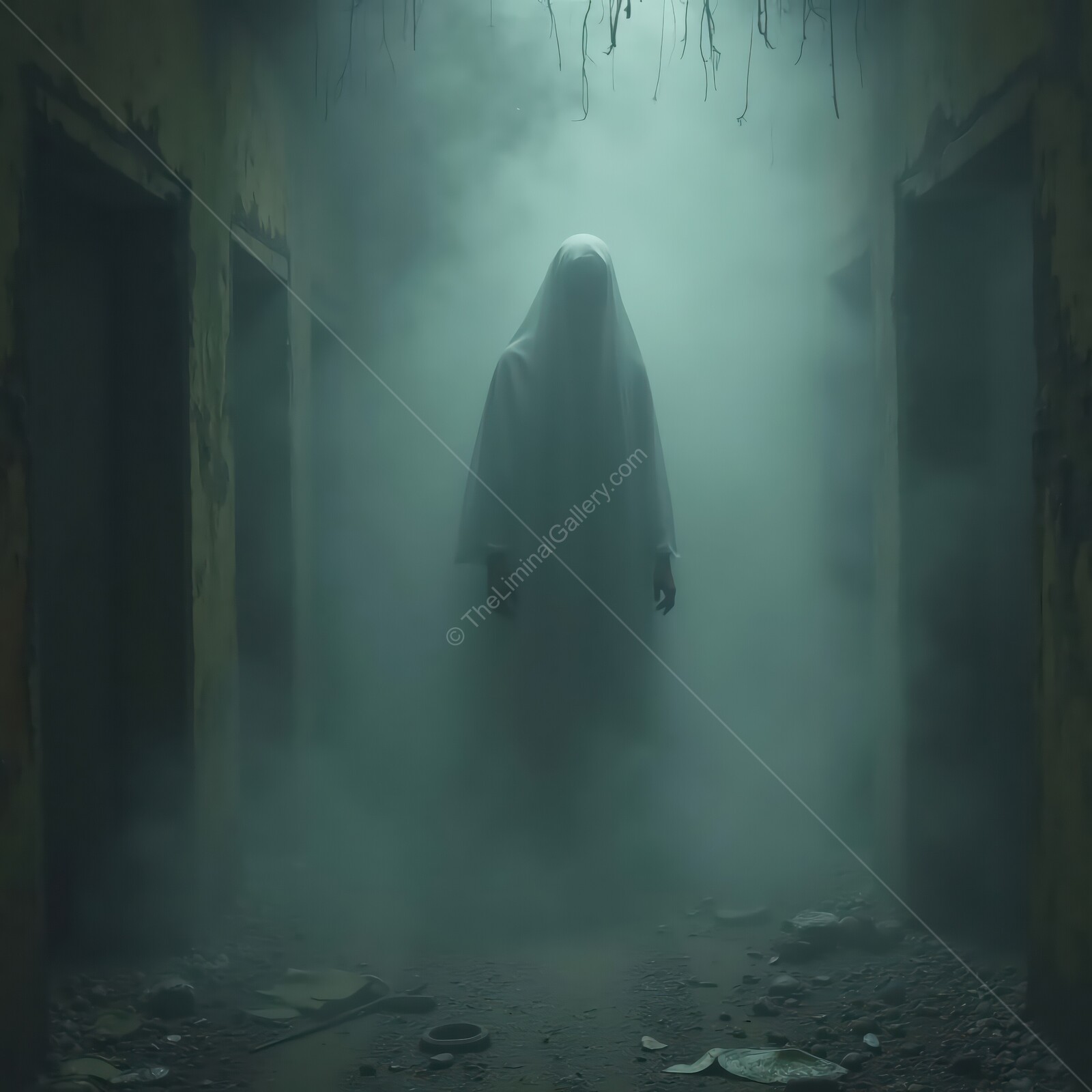 Fog-filled corridor hosts an unsettling presence in an abandoned building at dusk