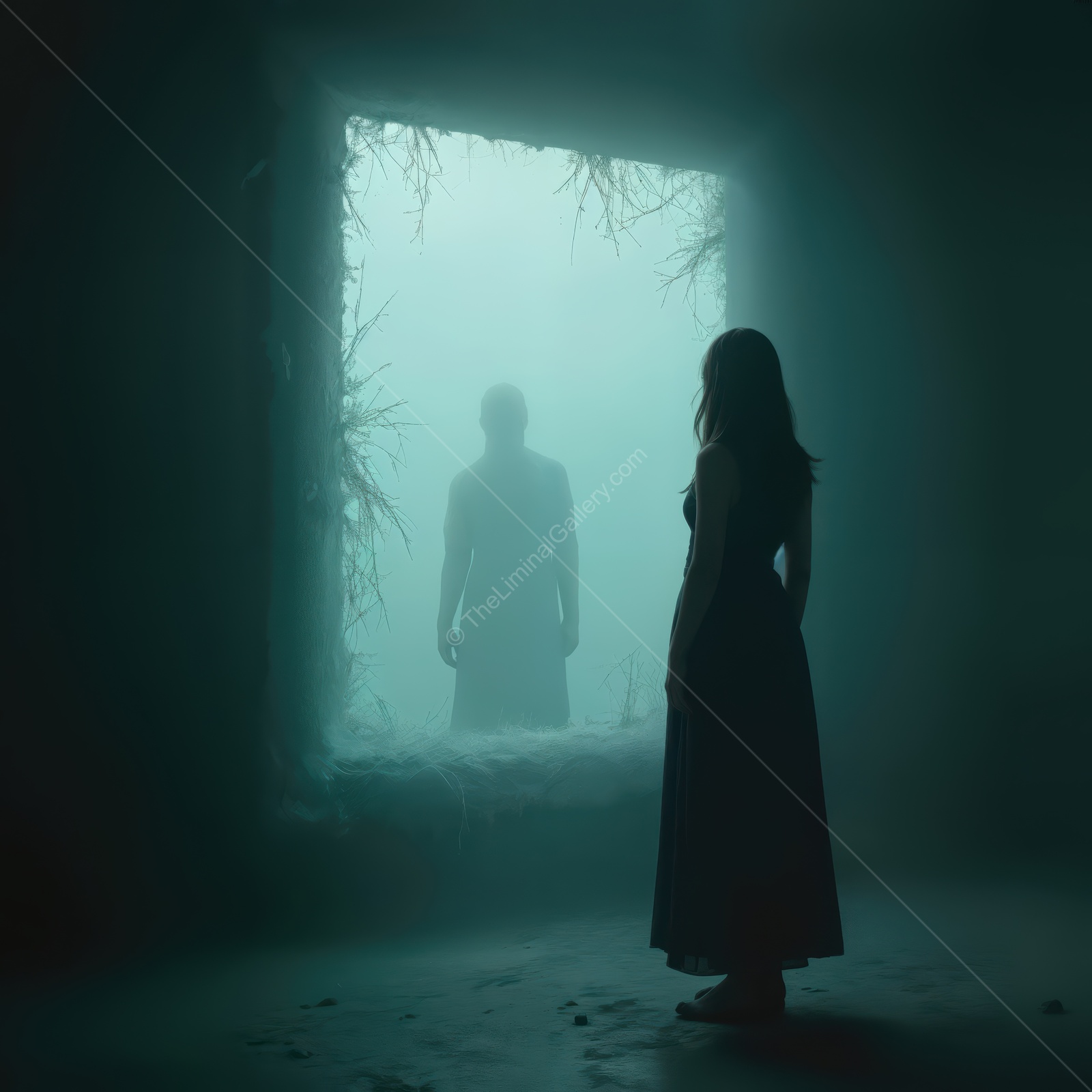 Mysterious encounter in a foggy realm with silhouettes at the edge of a doorway