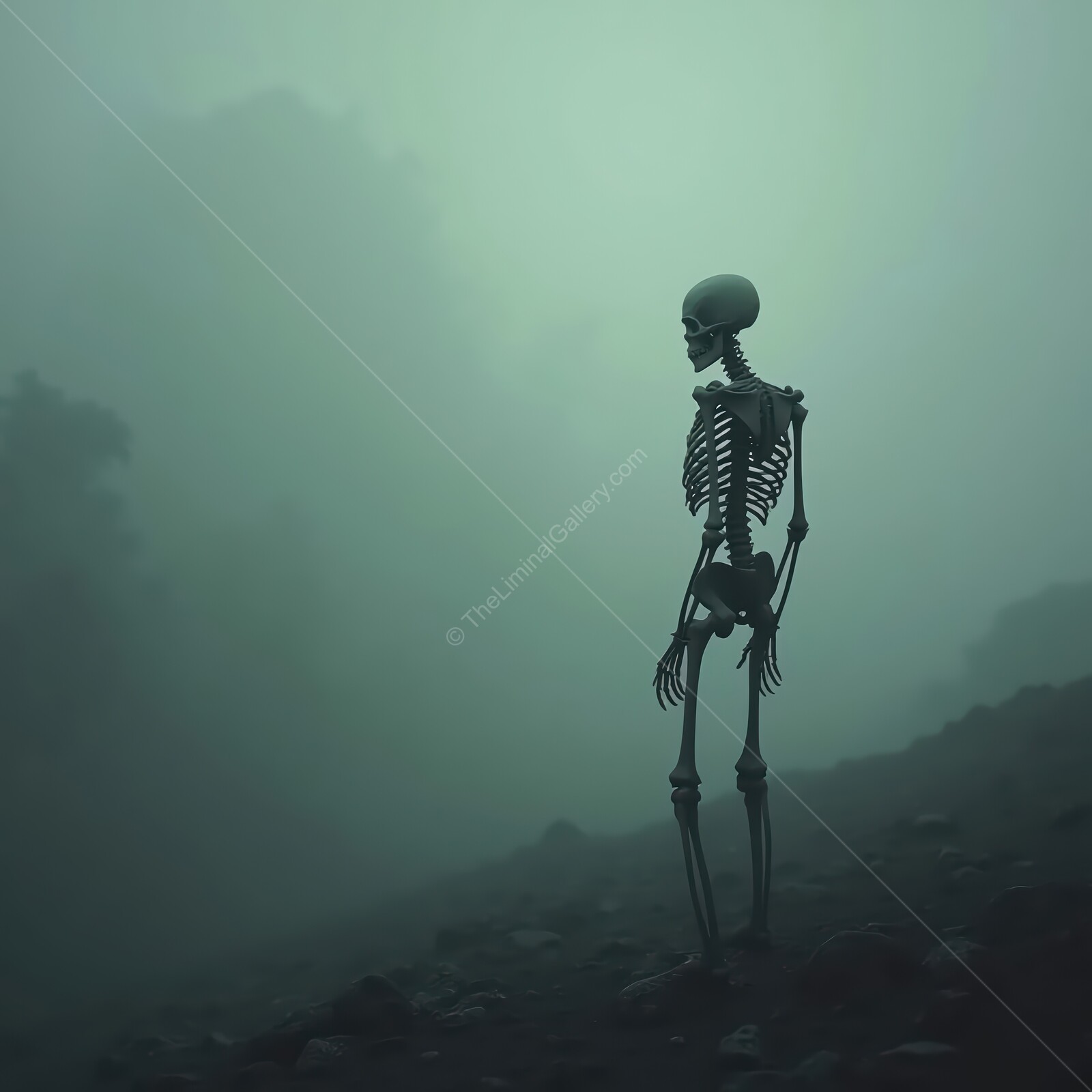 Fog enshrouded skeleton stands alone in a haunting landscape of forgotten remnants