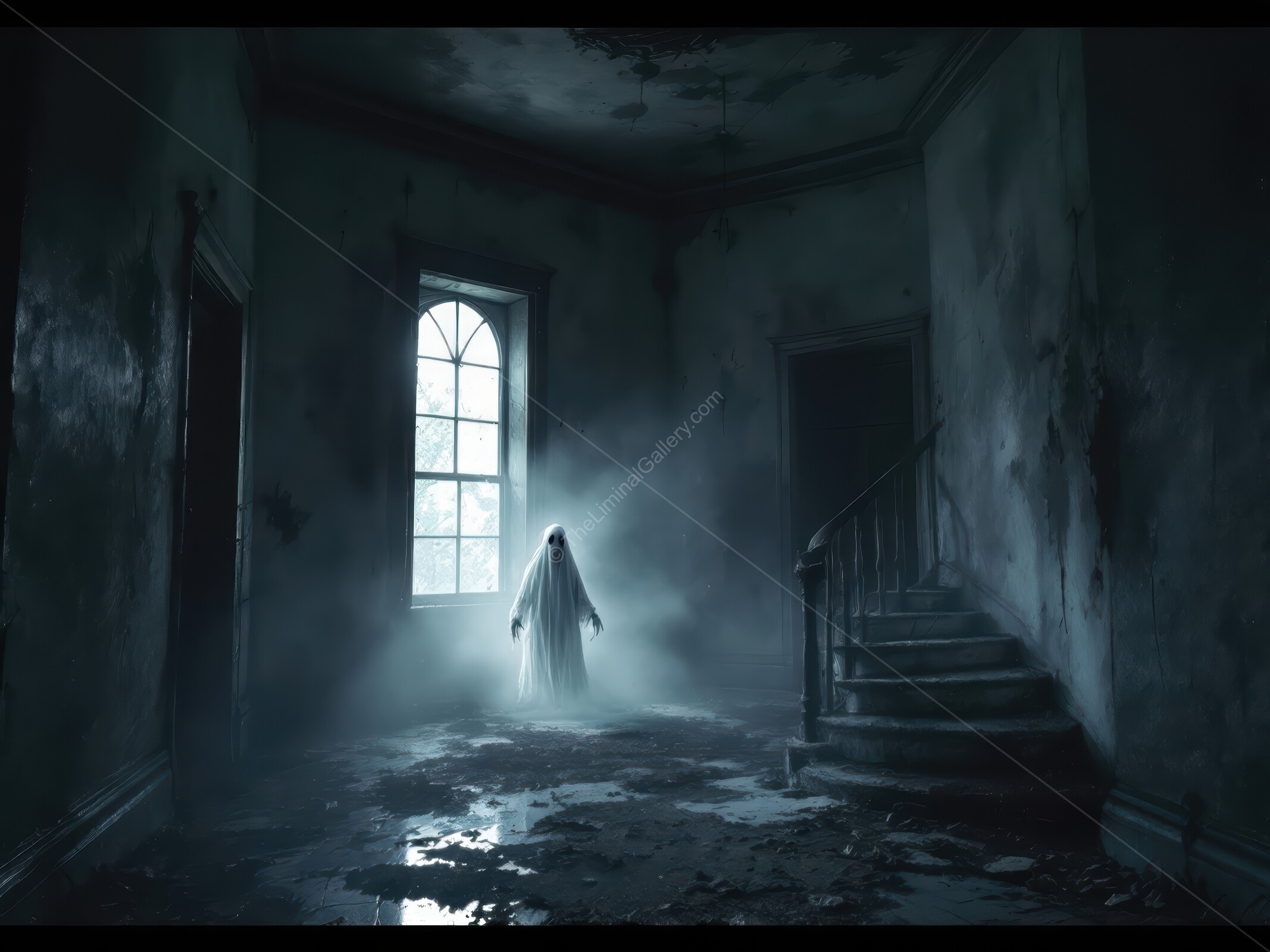 Creeping fog in an abandoned mansion reveals a ghostly figure at dusk
