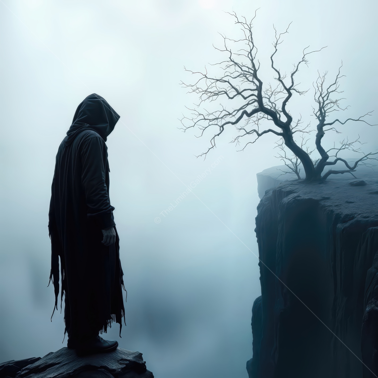 Mysterious figure standing on the edge of a foggy cliff beneath an eerie tree at dusk